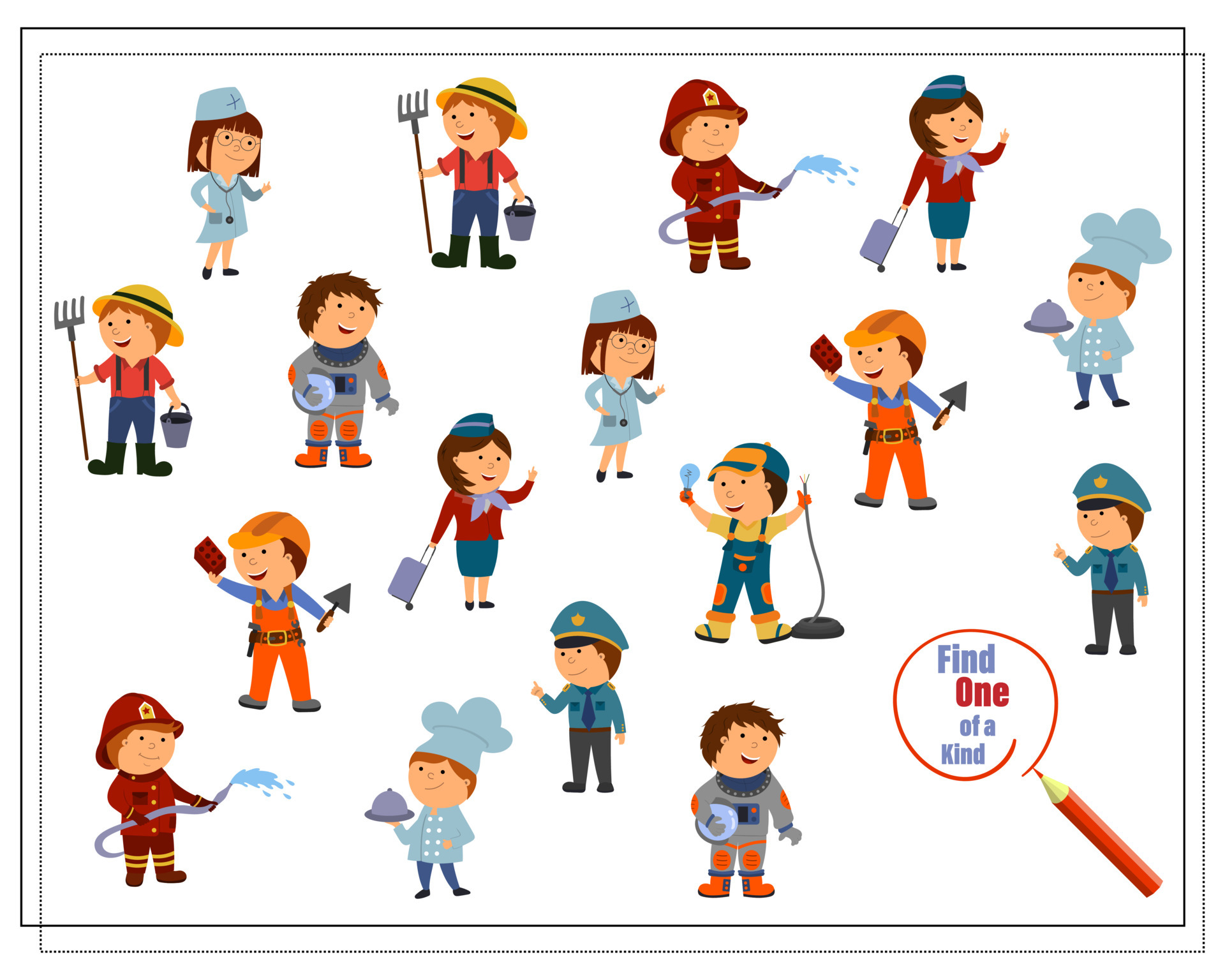 A puzzle game for kids find the one of a kind, cartoon children of  different professions. 6602276 Vector Art at Vecteezy
