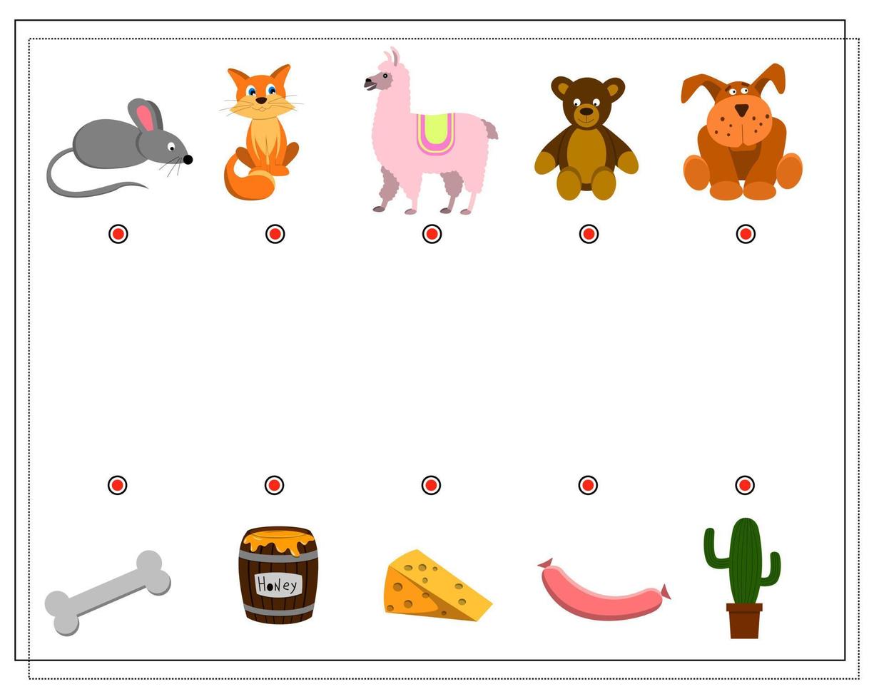 A puzzle game for kids. Where is whose food. Choose the right food for the cartoon animals vector