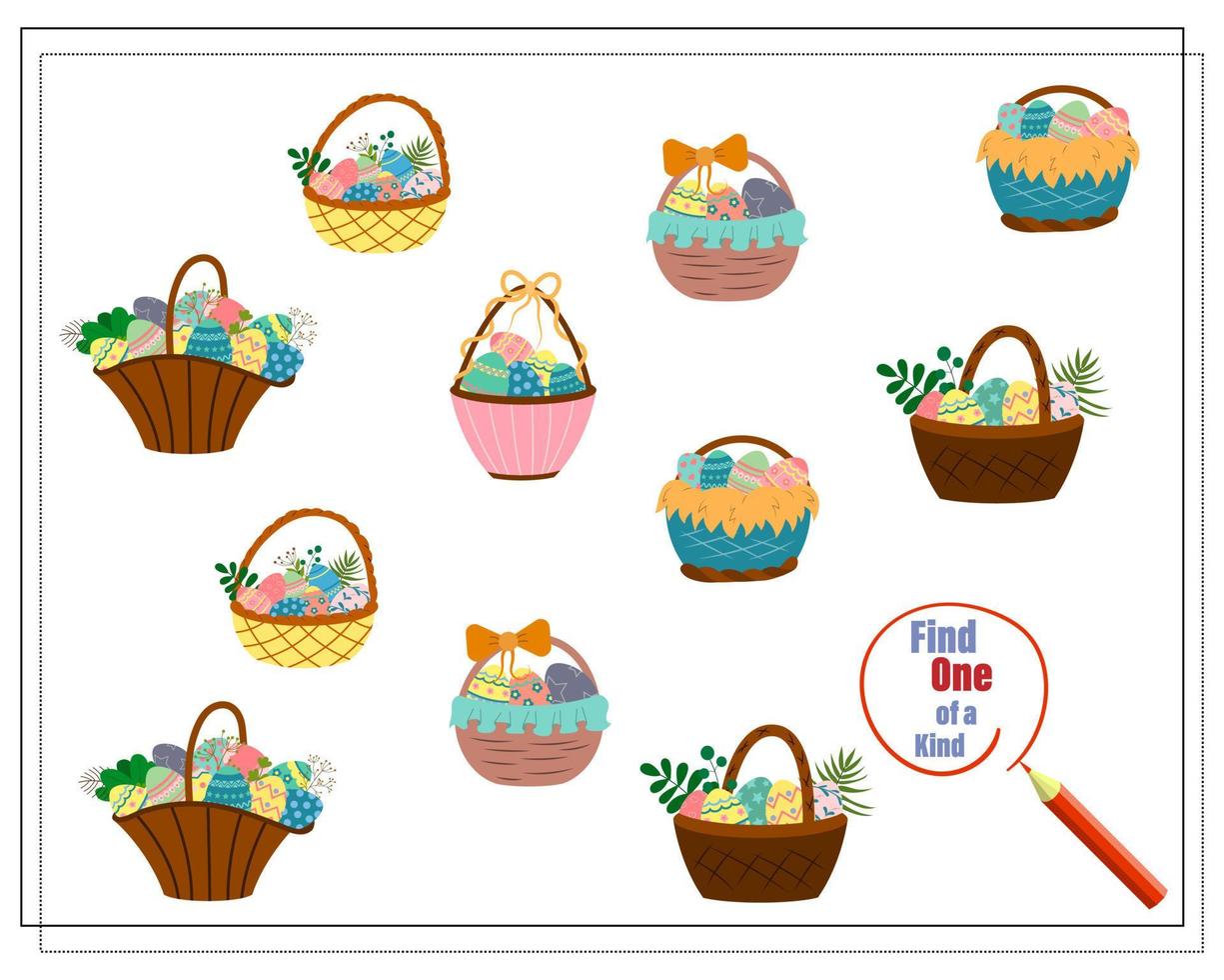 Children's logic game find the one of a kind. Easter egg baskets vector