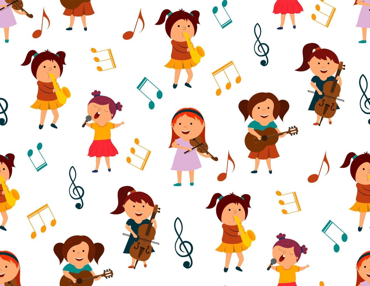 seamless pattern, girls with musical instruments vector