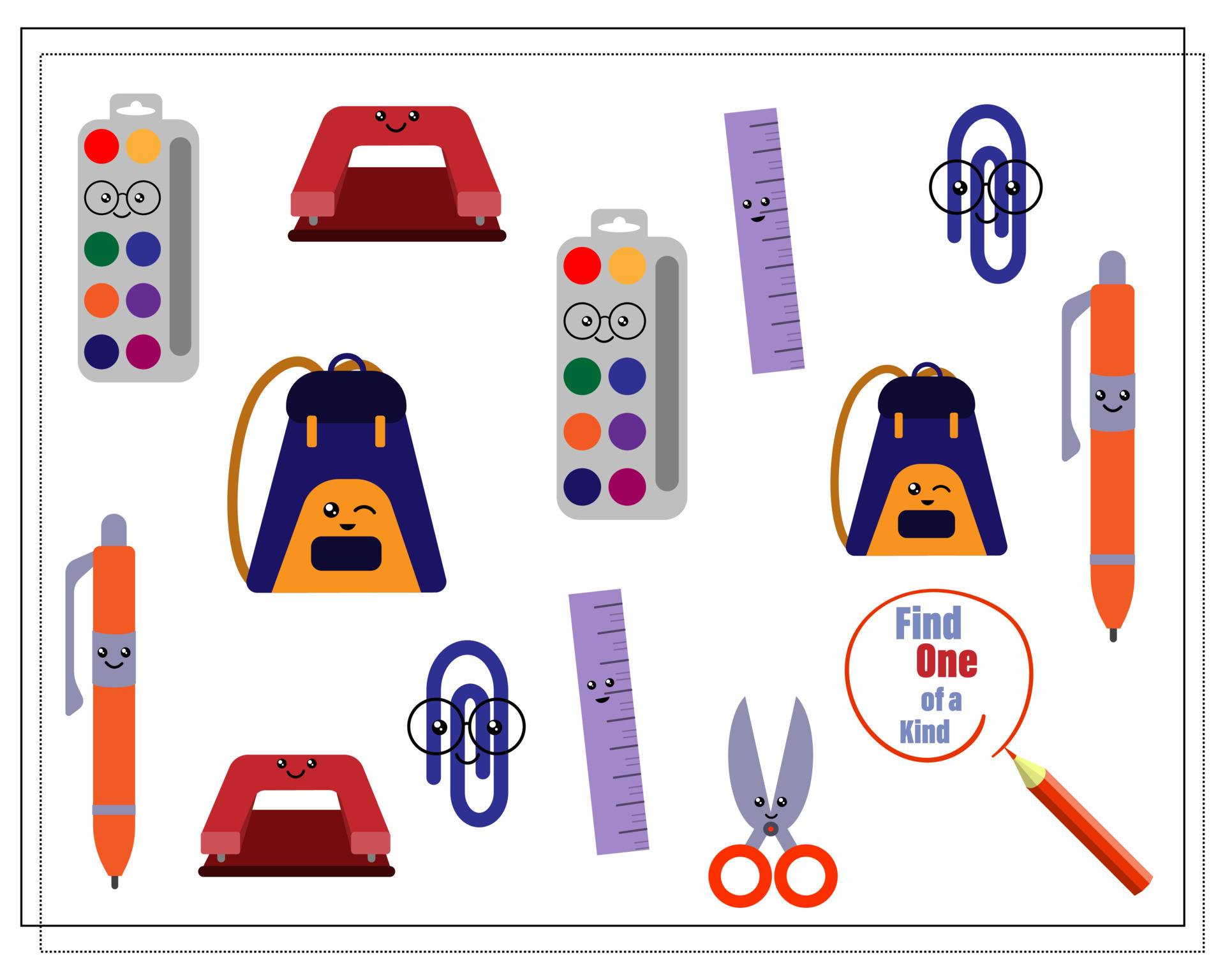 A puzzle game for kids find the one of a kind. Cute cartoon school supplies. 6602320 Vector Art at Vecteezy A puzzle game for kids find the one of a kind. Cute cartoon school supplies. 6602320 Vector Art at Vecteezy