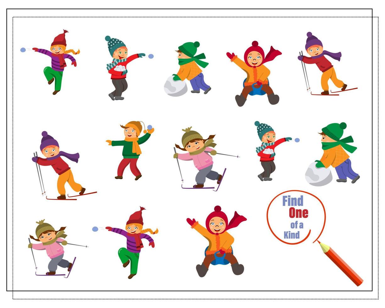 Cartoon illustration of the educational game Find a one of a kind picture with children playing winter games. vector