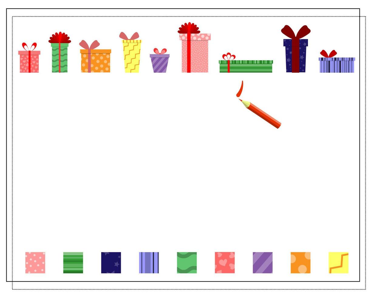 A logical game for children, find the right pattern. Gift boxes. vector