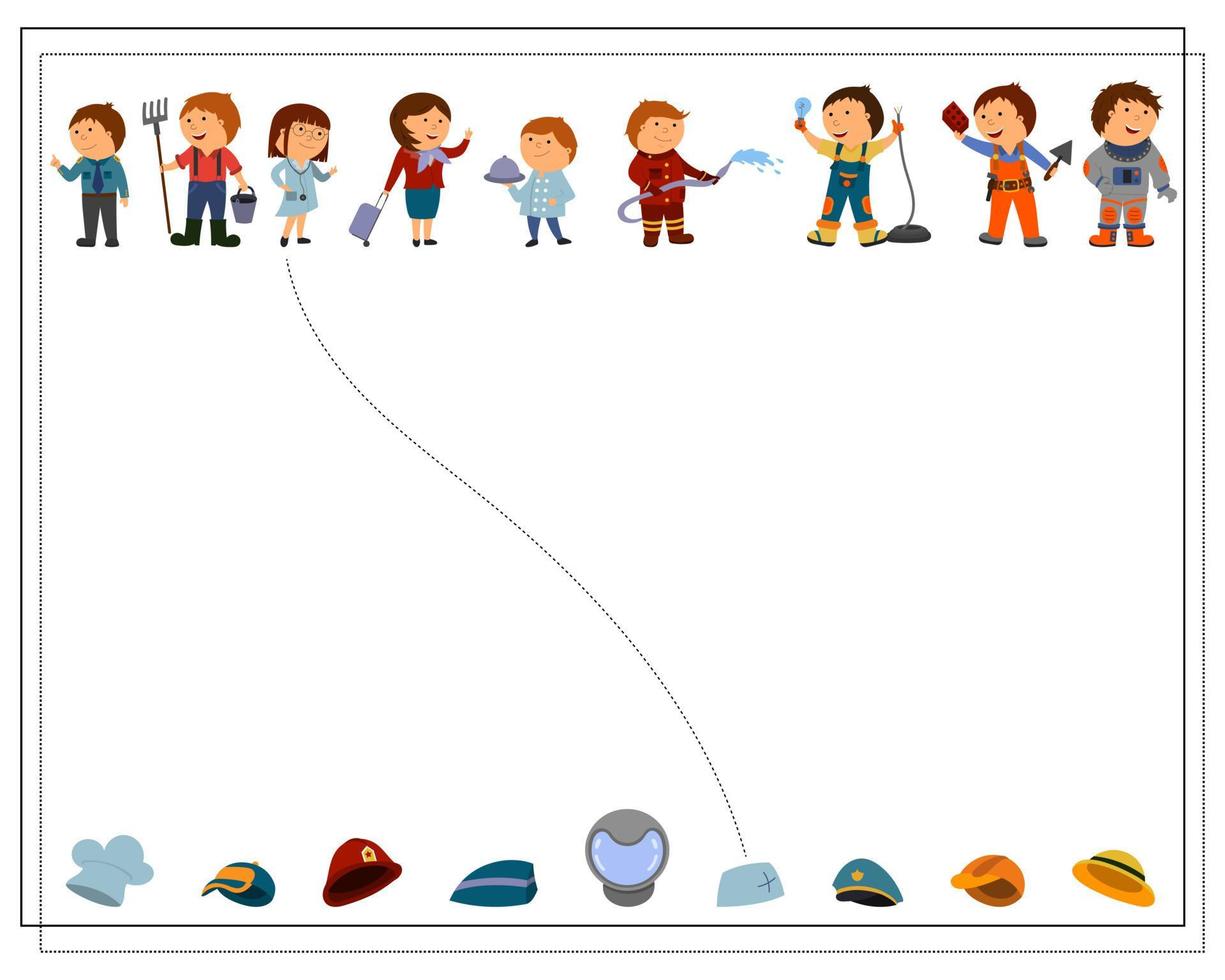 un juego lógico para niños donde cuyo sombrero, niños de dibujos animados de diferentes profesiones. vector
