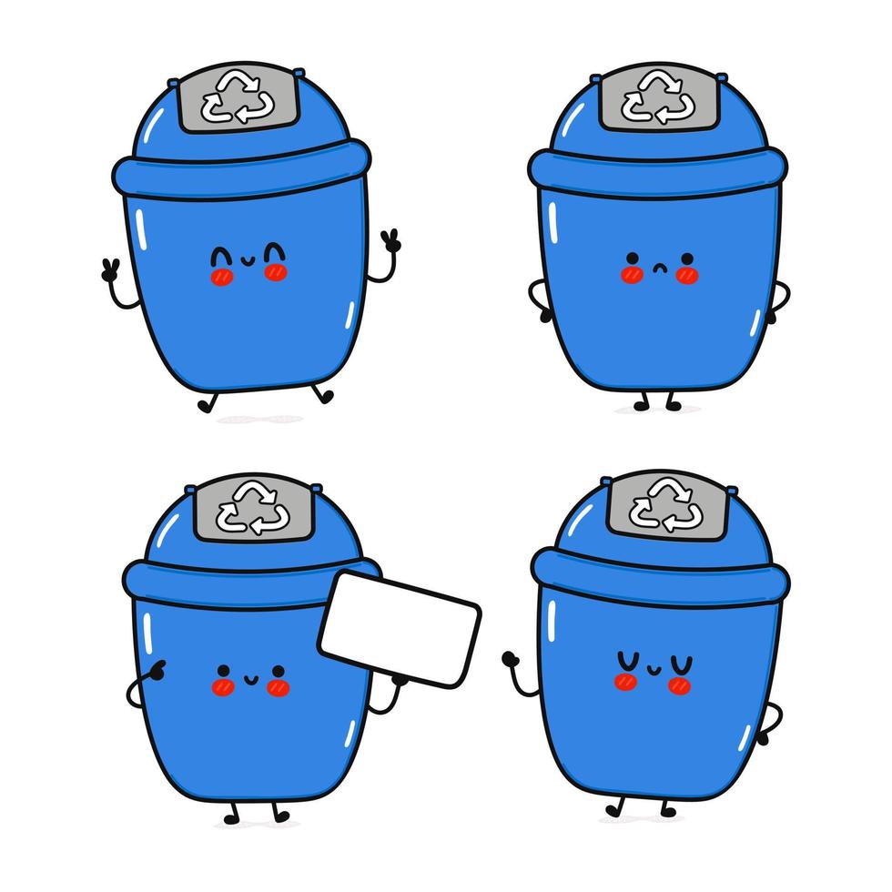 Conjunto de personajes divertidos, lindos y felices del bote de basura. diseño de icono de ilustración de personaje de dibujos animados de estilo de fideos dibujado a mano vectorial. aislado sobre fondo blanco. linda colección de personajes de la mascota del bote de basura vector