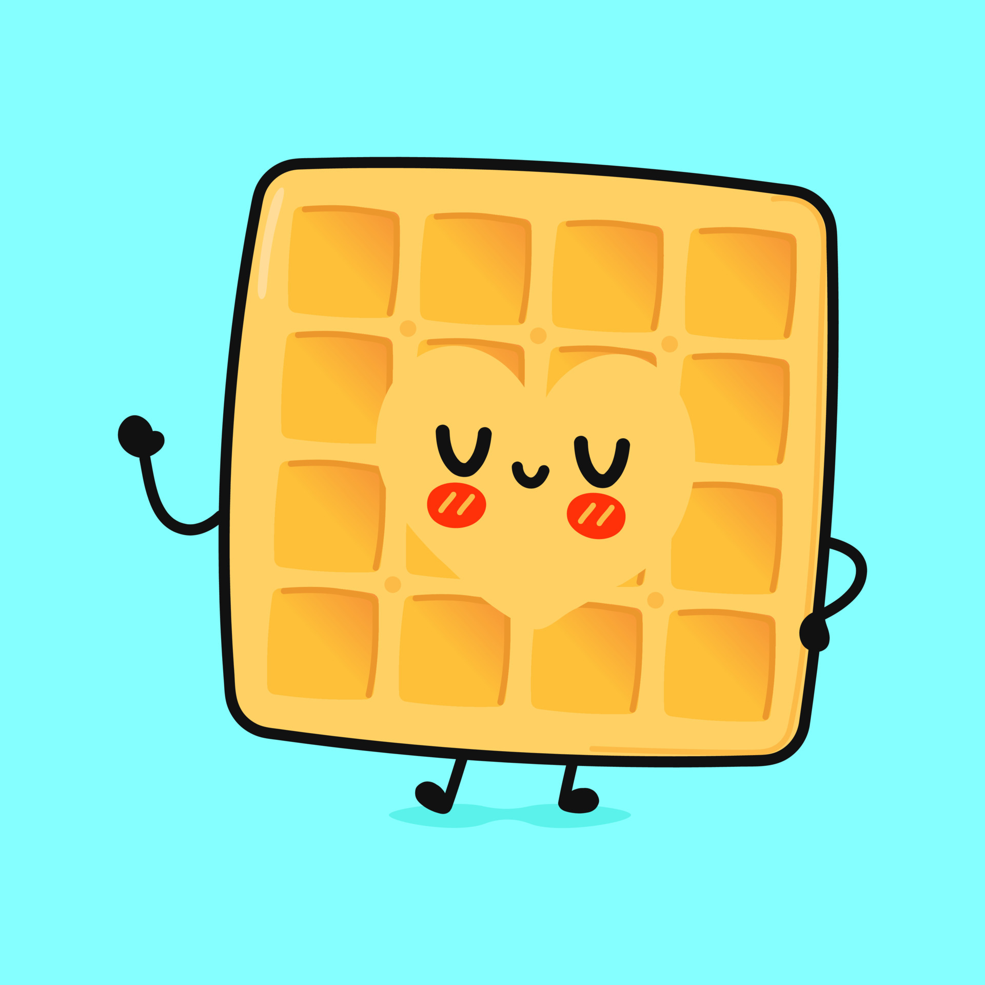 Cute funny waffles waving hand character. Vector hand drawn cartoon