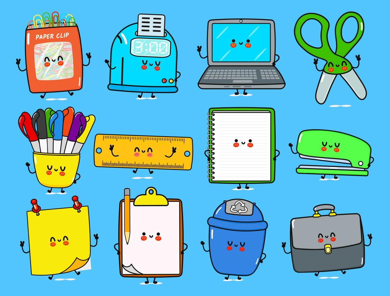 Funny happy work items characters bundle set. Vector hand drawn doodle. Ruler, Trash can, Stapler, Punch clock, Colored pens, Scissors, Laptop, Posted notes, Paper clip, Note pad, Work bag, Clip board
