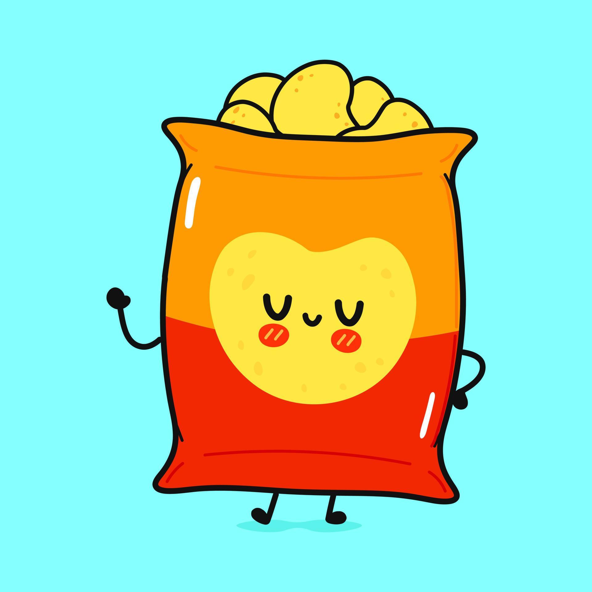 Cute funny chips waving hand character. Vector hand drawn cartoon