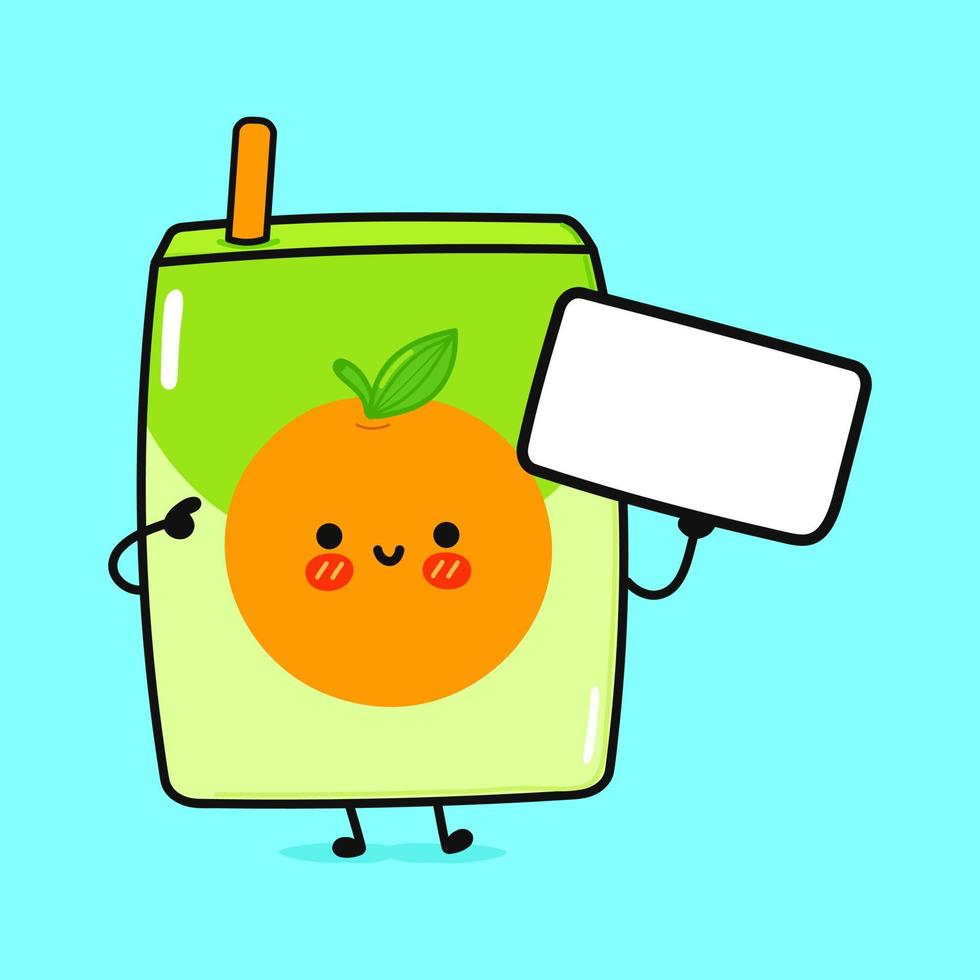 jugo de naranja divertido lindo con cartel. icono de ilustración de personaje kawaii de dibujos animados dibujados a mano vectorial. aislado sobre fondo azul. concepto de pensamiento de jugo de naranja vector