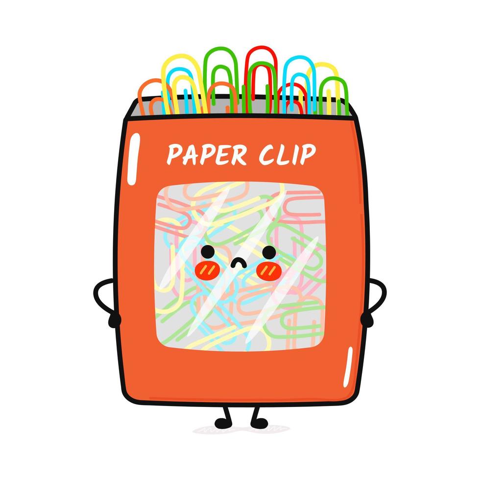 Cute sad paper clip character. Vector hand drawn cartoon kawaii character illustration icon. Isolated on blue background. Paper clip character concept