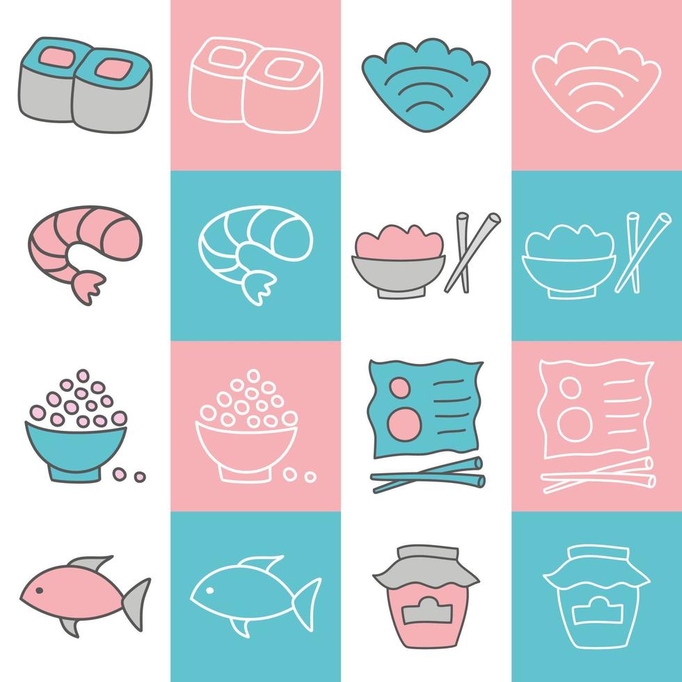 Vector icon set of fish, sushi, shrimp, seafood