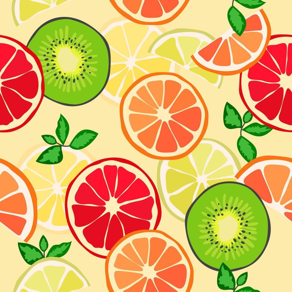 Vector seamless pattern of citruses, lime slices, oranges, lemons, kiwi,   grapefruits. Abstract background, wallpaper. Natural organic food illustration, juicy fruits