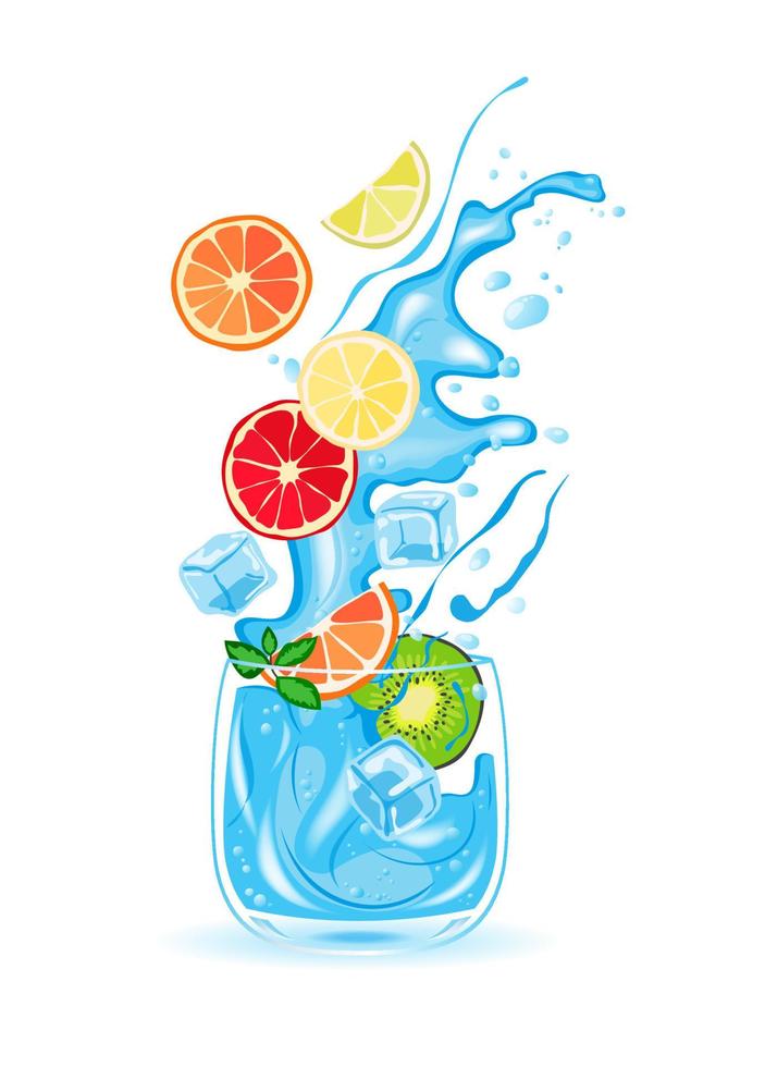 Glass of water, ice water, fruit cocktail, citrus, vector illustration
