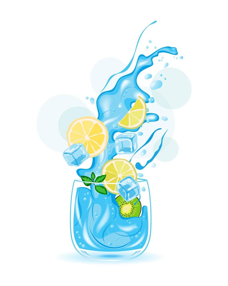 Glass of water, ice water, fruit cocktail, citrus, vector illustration