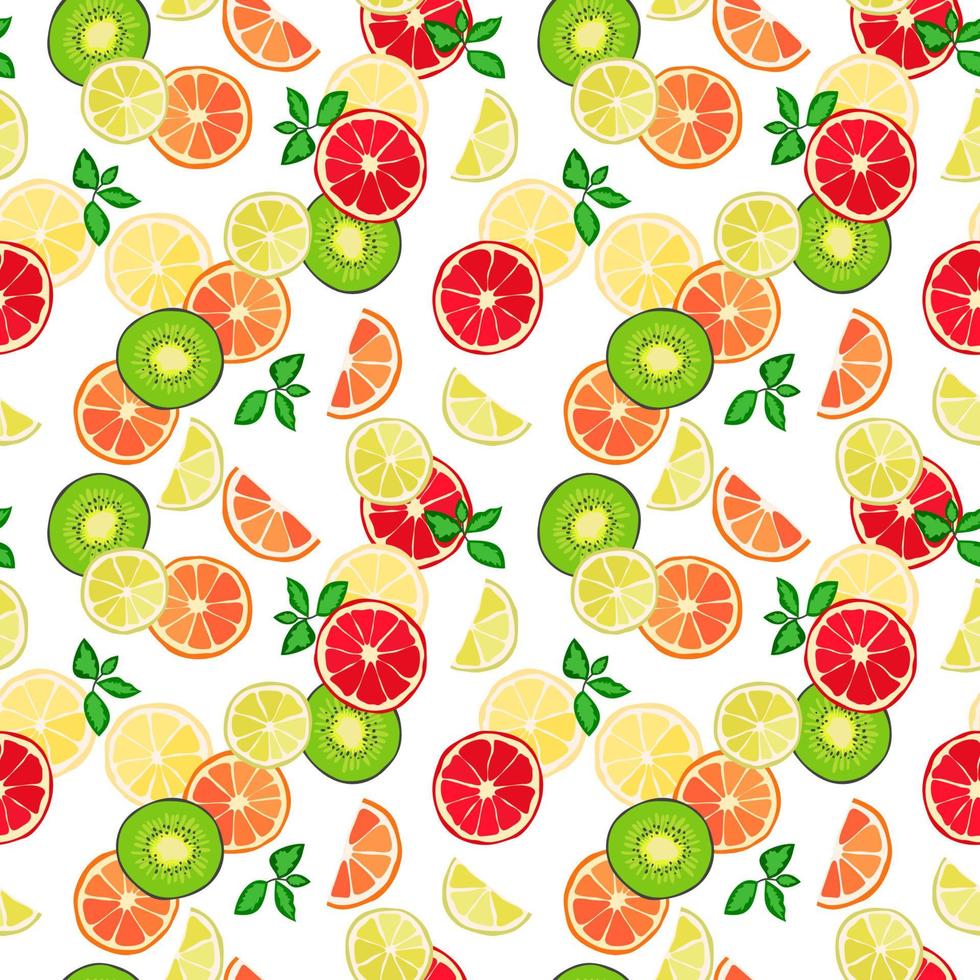 patrón vectorial sin fisuras de cítricos, rodajas de lima, naranjas, limones, kiwi, pomelos. fondo abstracto, papel tapiz. ilustración de alimentos orgánicos naturales, frutas jugosas vector