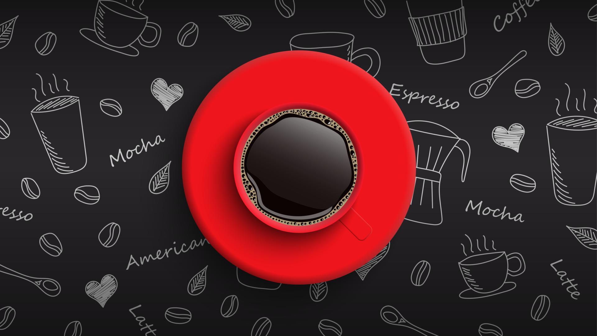 Red coffee cup on hand drawn doodle coffee background, vector