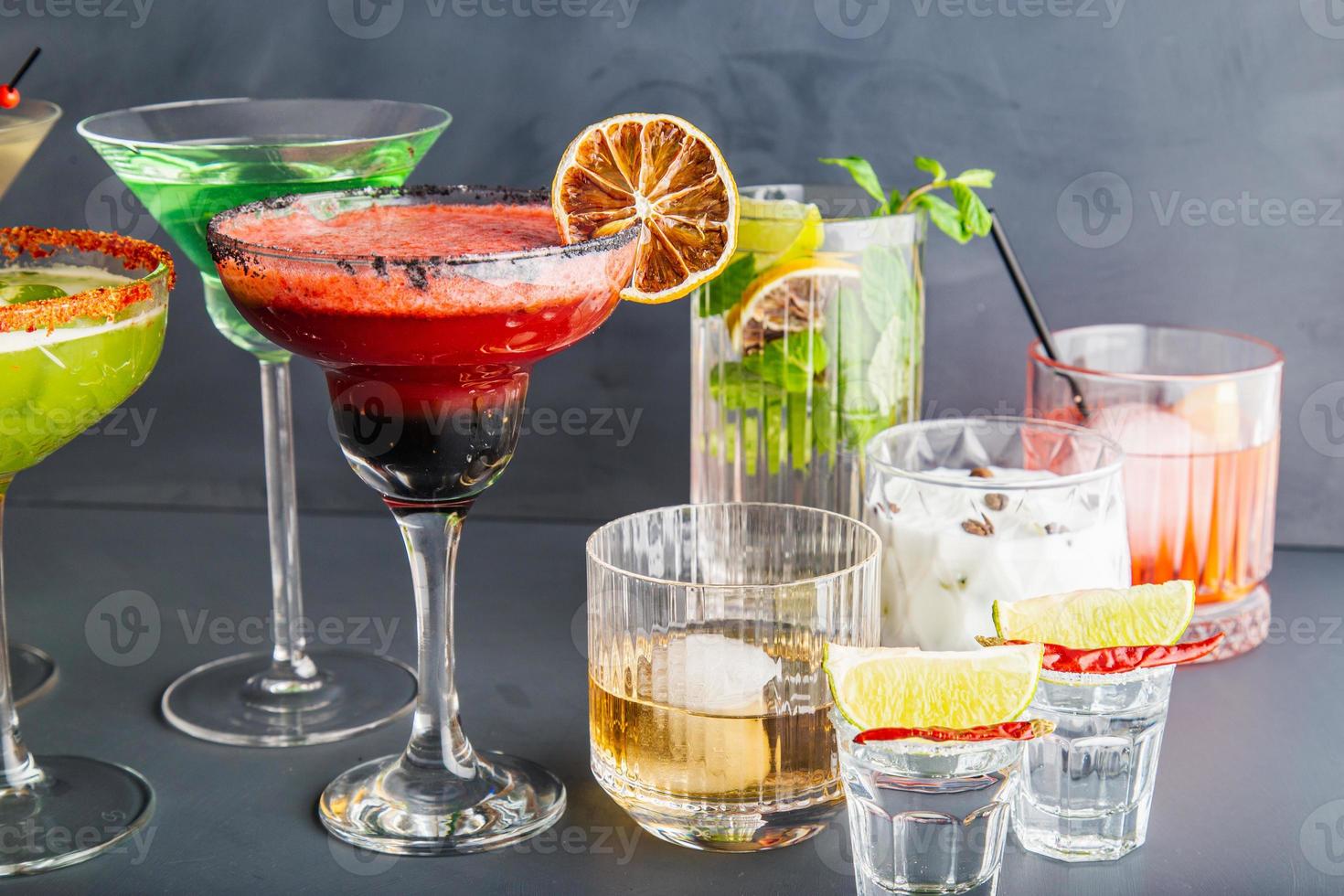 Alcoholic cocktails and drinks compilation from studio. photo