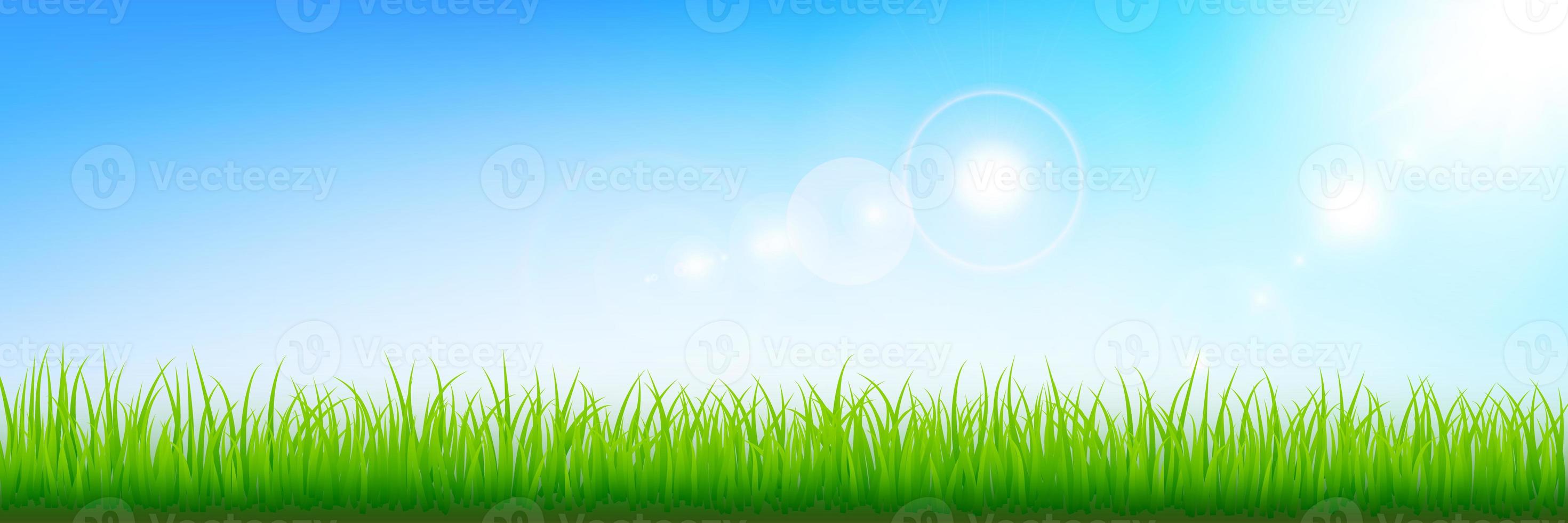 Illustrated background with grass border and sunlight against blue sky. Illustrate sky scene. photo