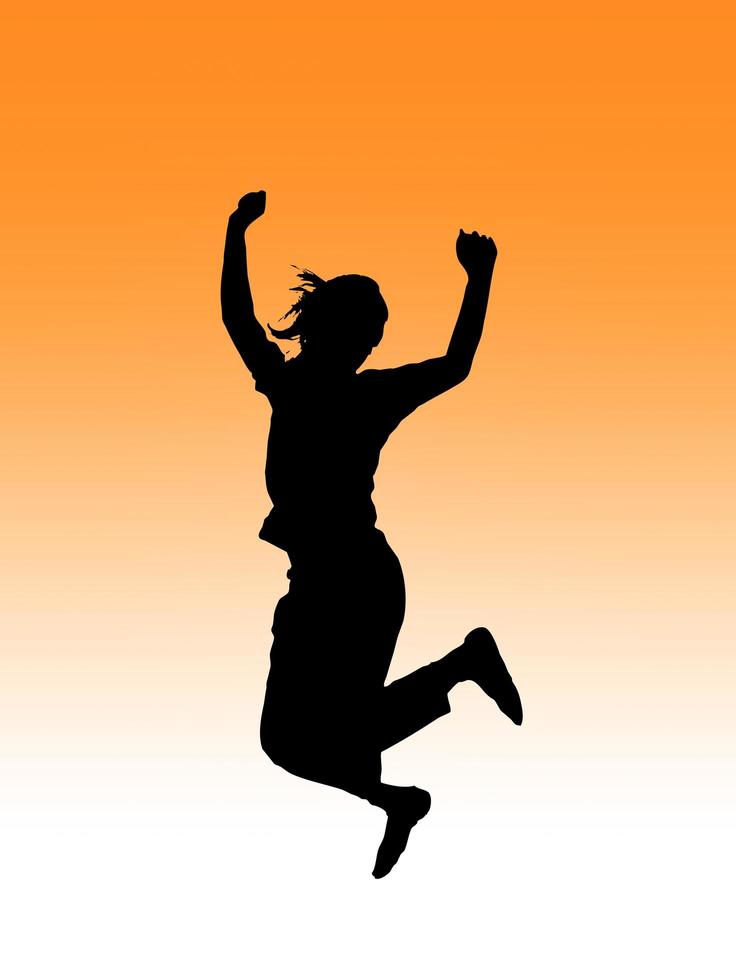 silhouette of Asian woman dancing, jumping, exercising, arms and legs, body traces, white background and orange, Clipping Paths is on, ready to use. Easy to cut and use photo