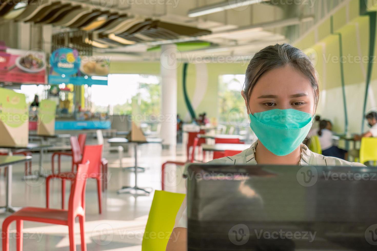 Asian women need to work outside Office at the food court at the shopping center wearing a mask for safety and living a new normal life. photo