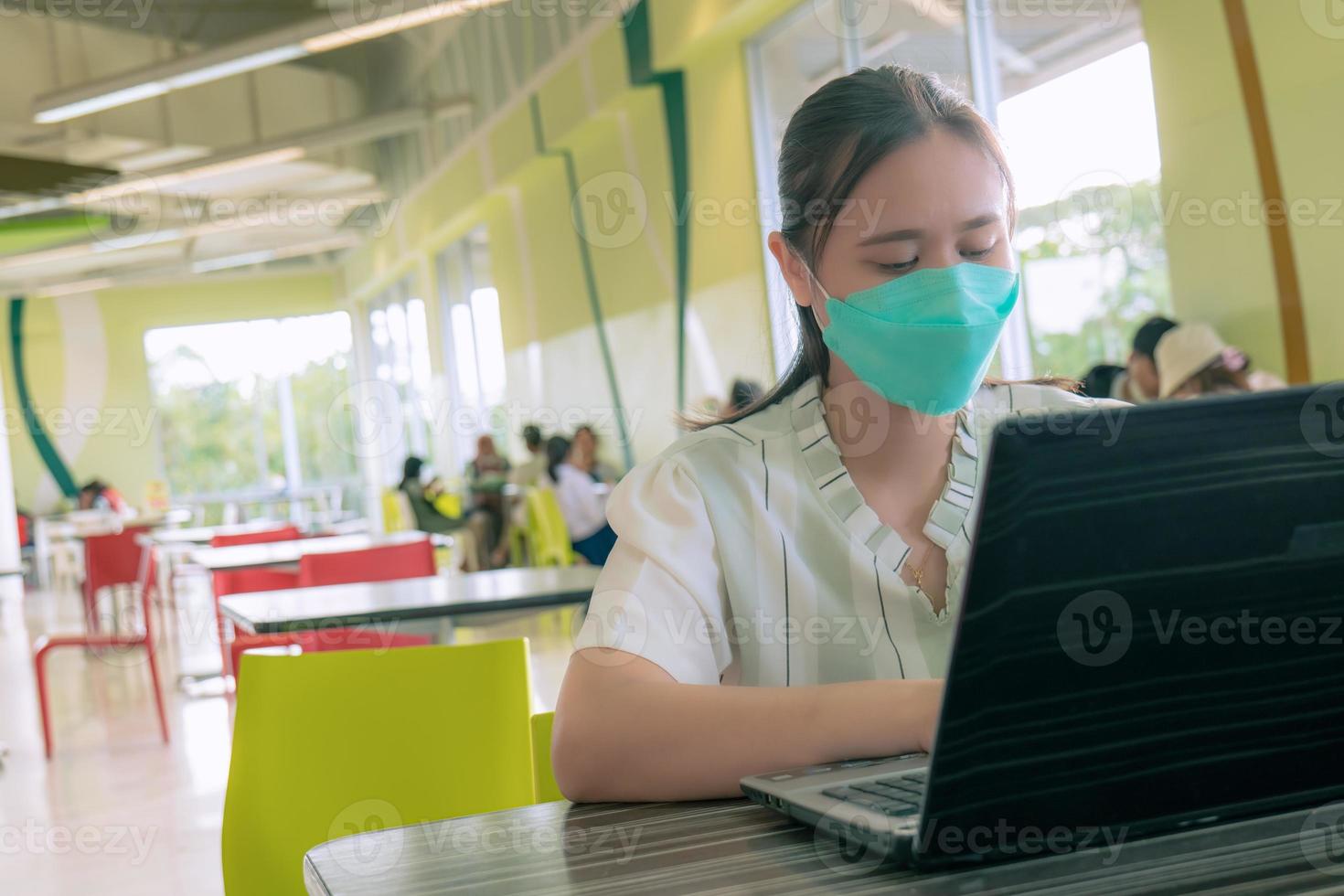 Asian women need to work outside Office at the food court at the shopping center wearing a mask for safety and living a new normal life. photo