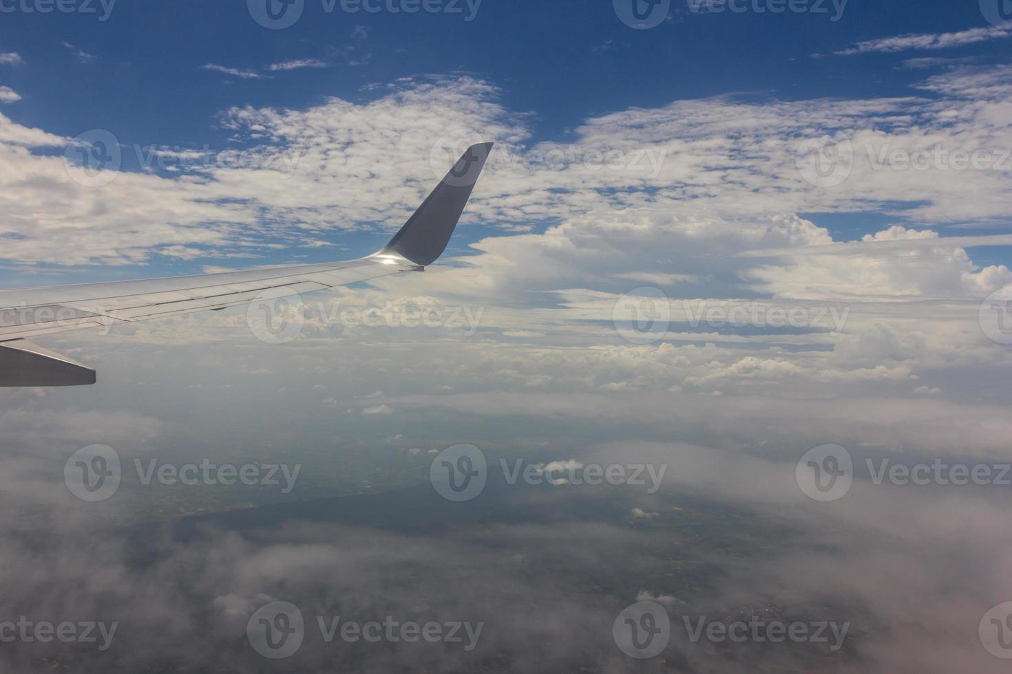 Blue sky with clouds on the airplane photo