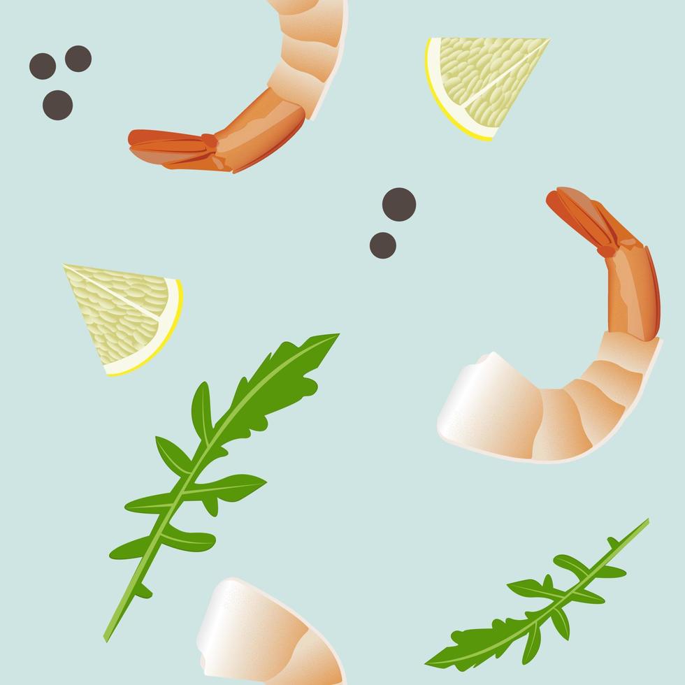 Shrimp with rucolla seamless pattern vector