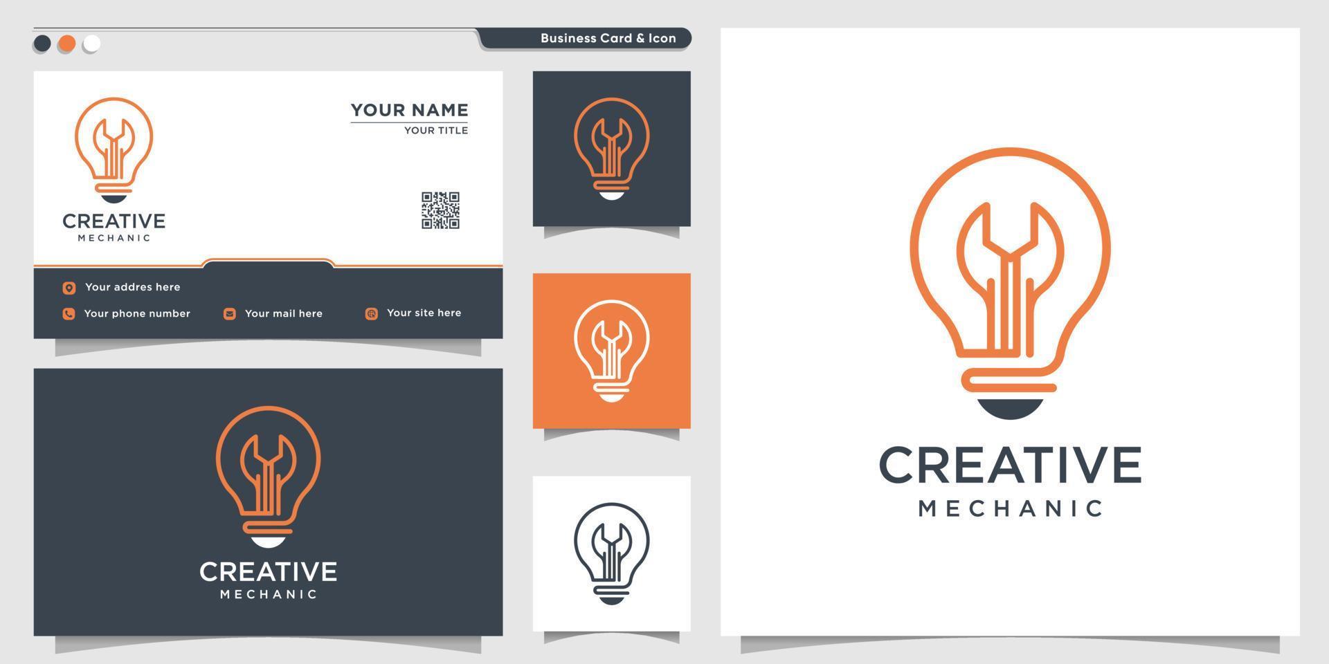 Mechanic logo with creative gradient line art style and business card design template Premium Vector