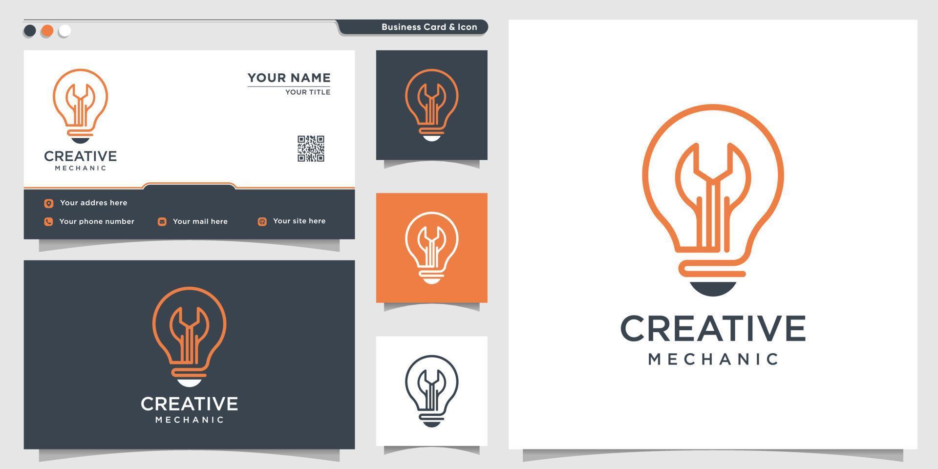 Mechanic logo with creative gradient line art style and business card design template Premium Vector