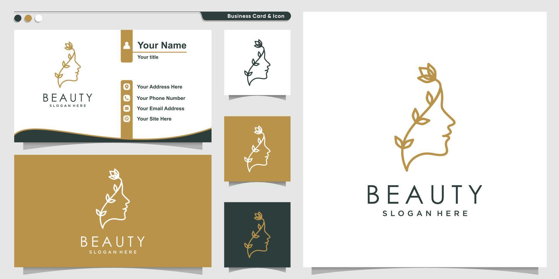 logotipo de mujer con estilo de arte de línea de flor de belleza y diseño de tarjeta de visita vector premium