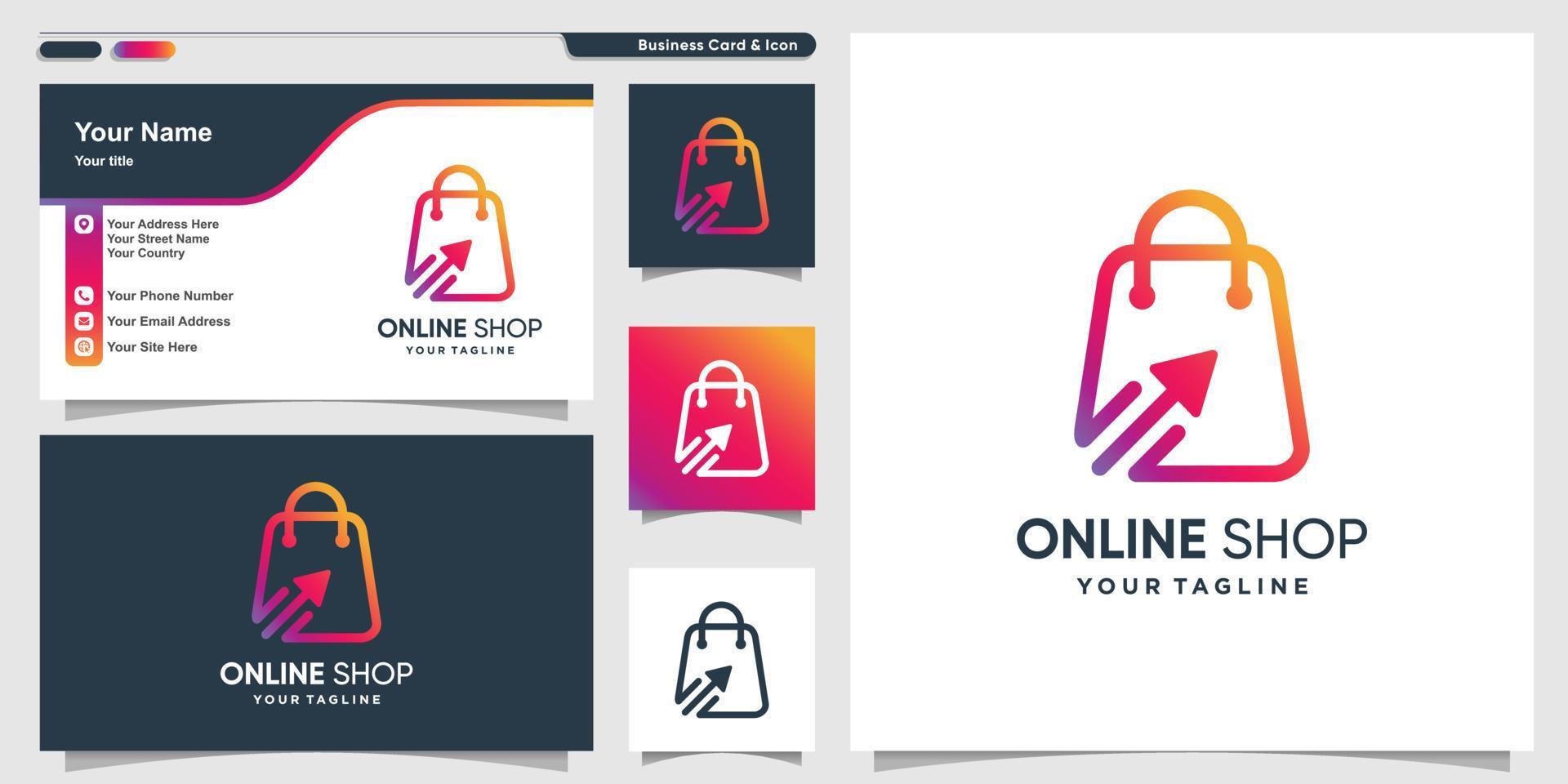 Online shop logo with cool gradient line art style and business card design template Premium Vector