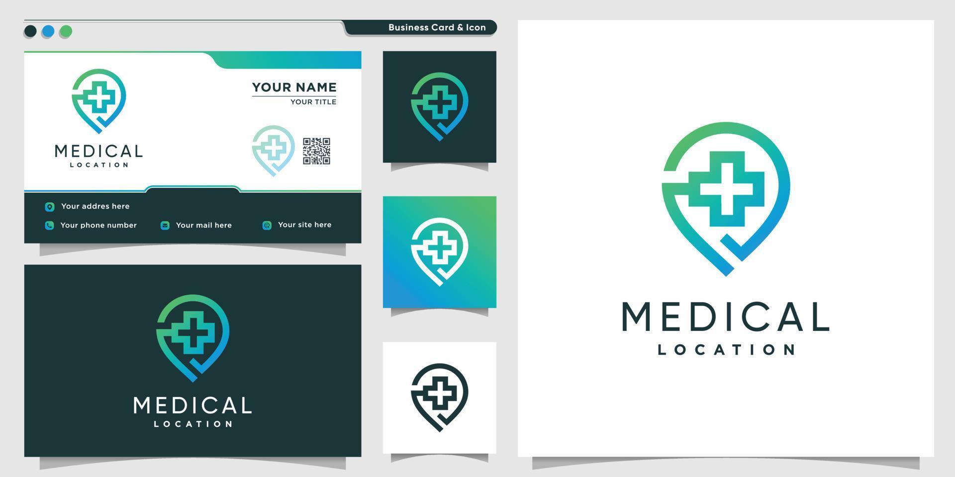 Medical logo with pin location gradient line art style and business card design template Premium Vector