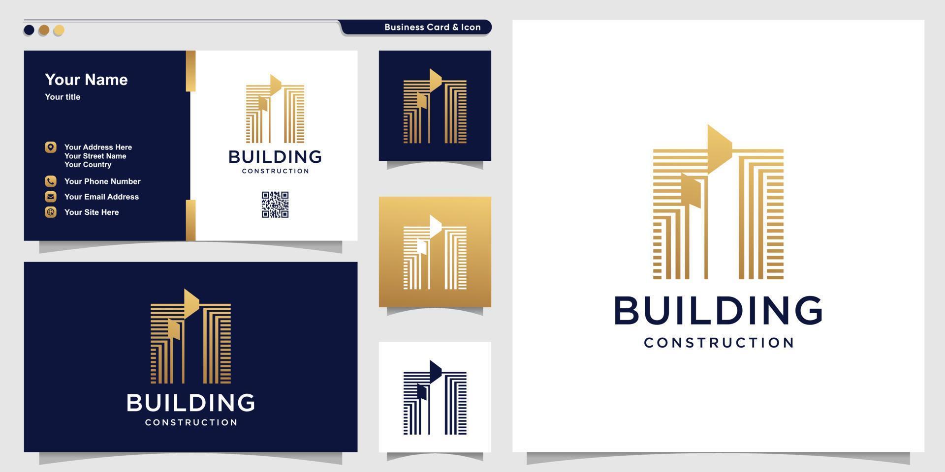 Building logo with golden line art style and business card design template Premium Vector