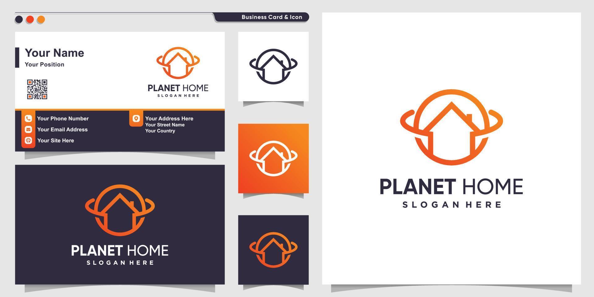 Planet logo with home line art style and business card design, house, modern, Premium Vector