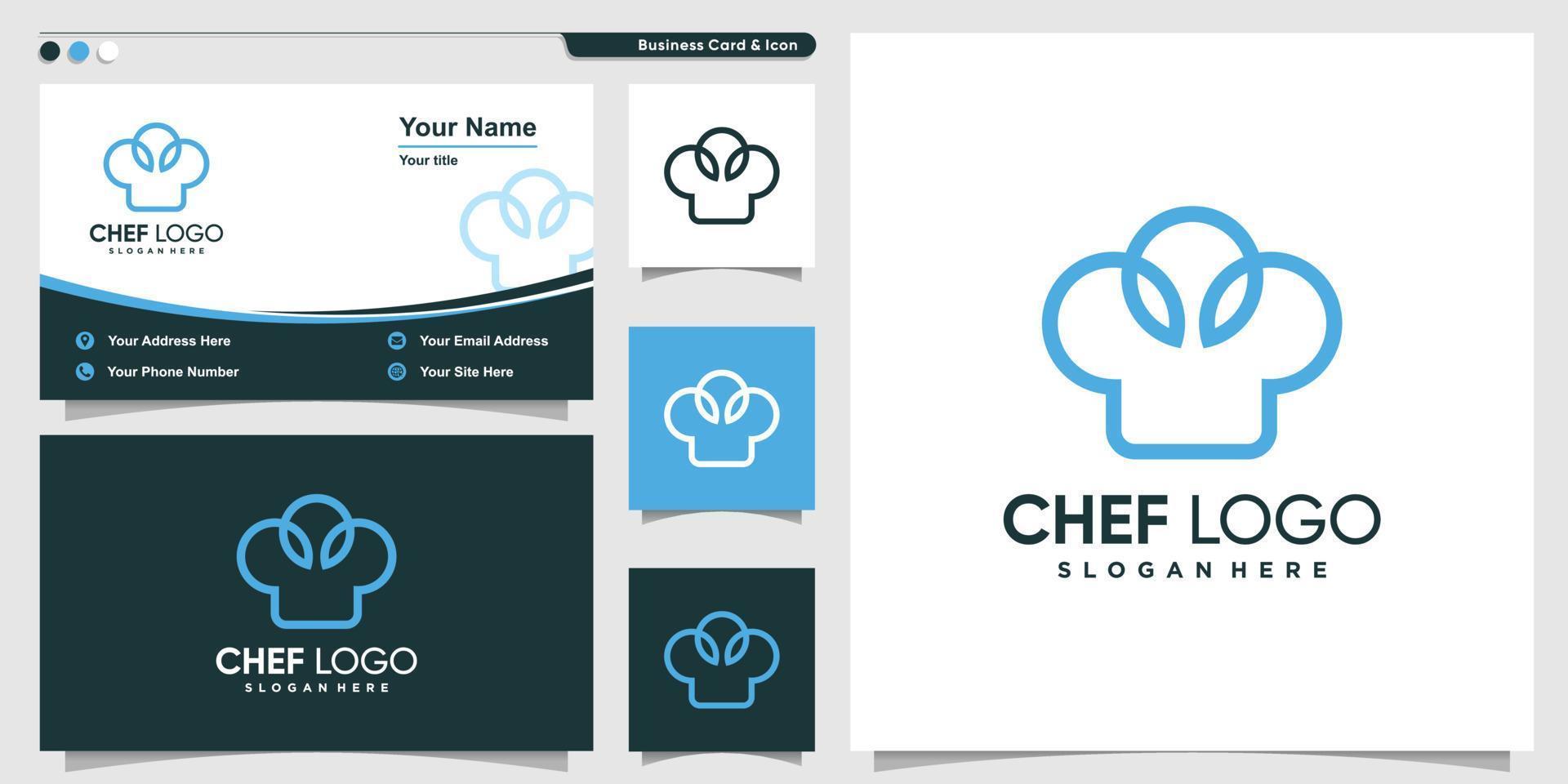 Chef logo with modern bold line art style and business card design template Premium Vector