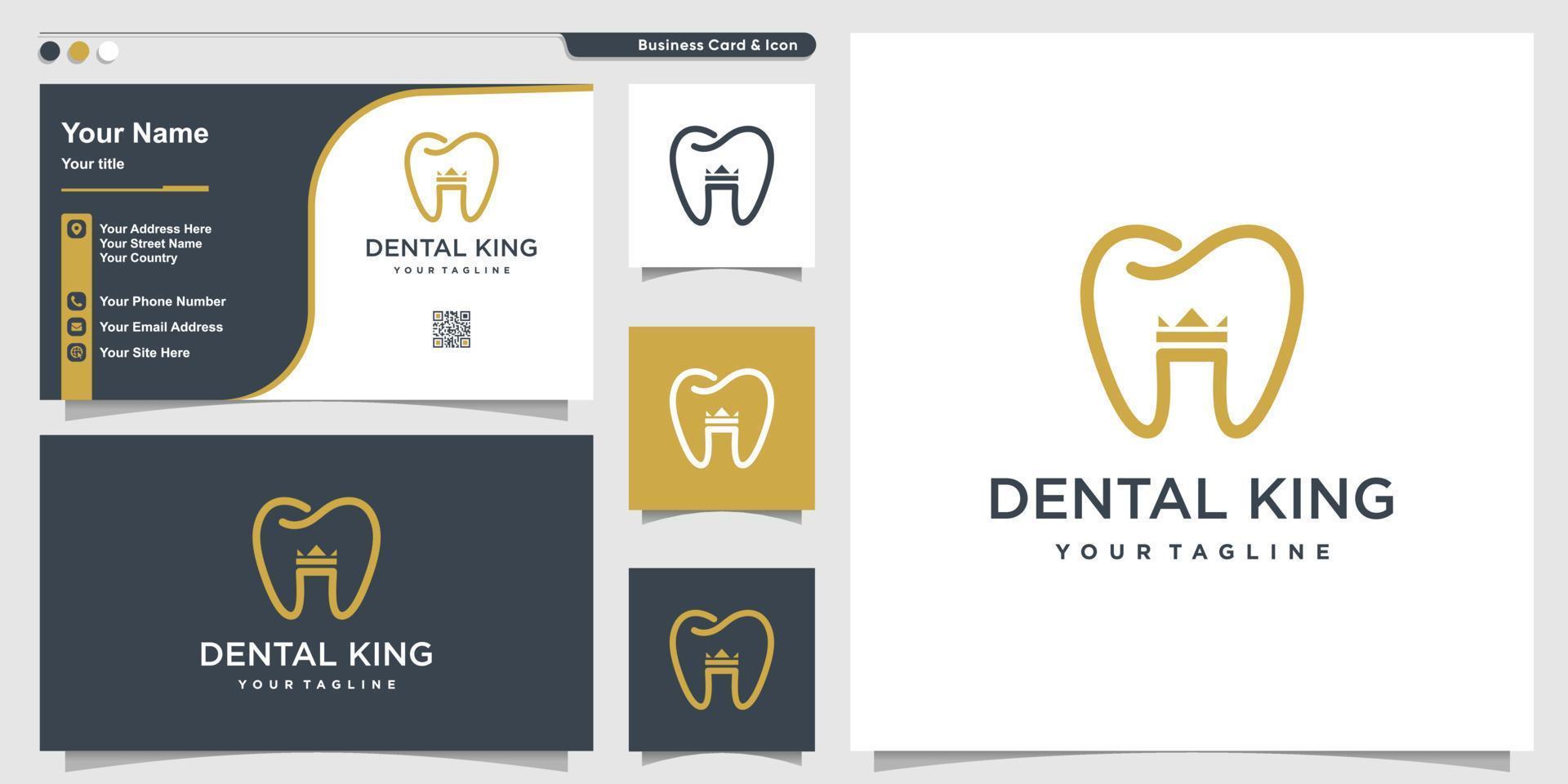 logotipo dental con estilo de corona de rey y plantilla de diseño de tarjeta de visita vector premium