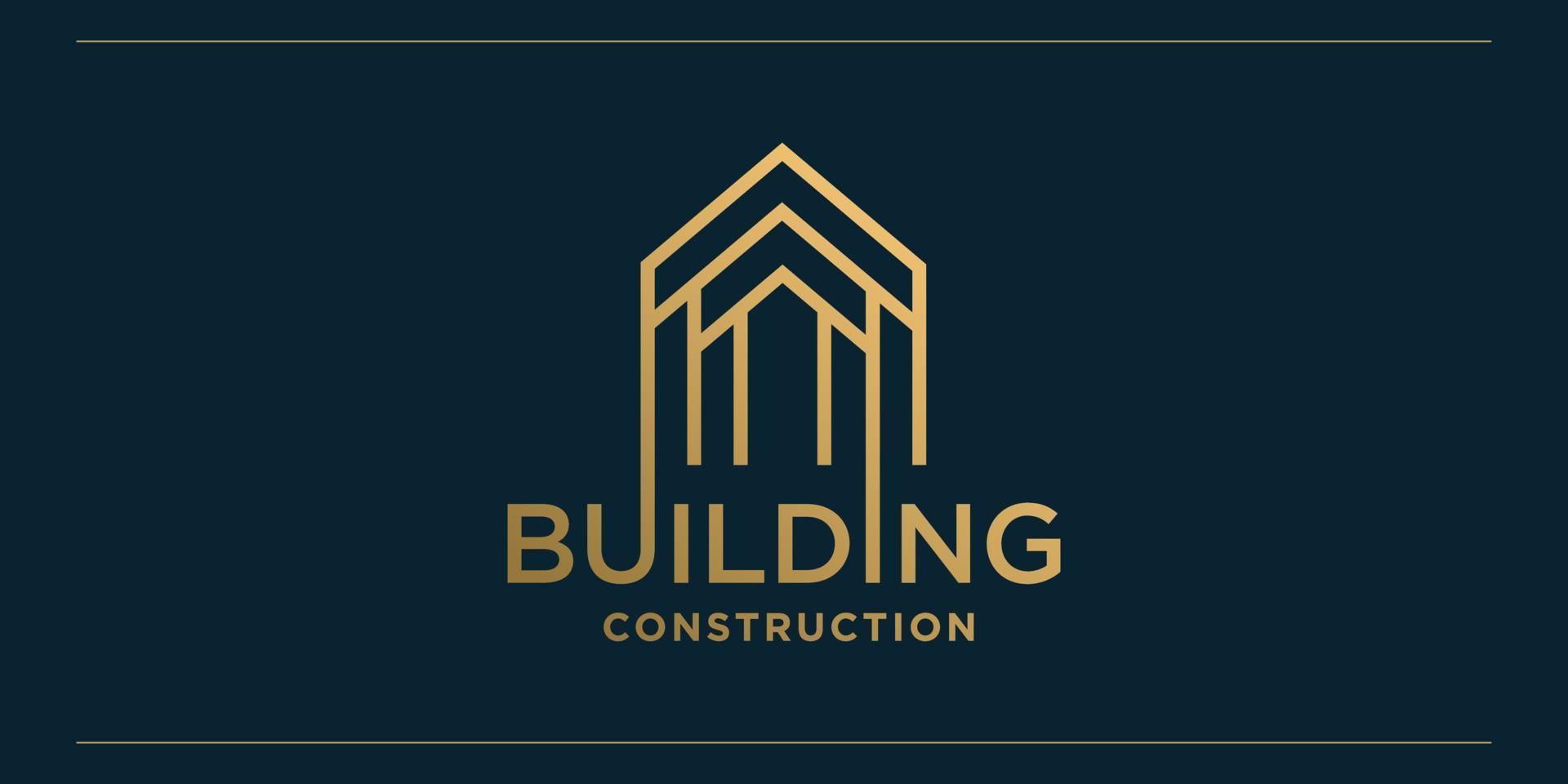 Building logo with modern golden line art style and business card design template, Premium Vector