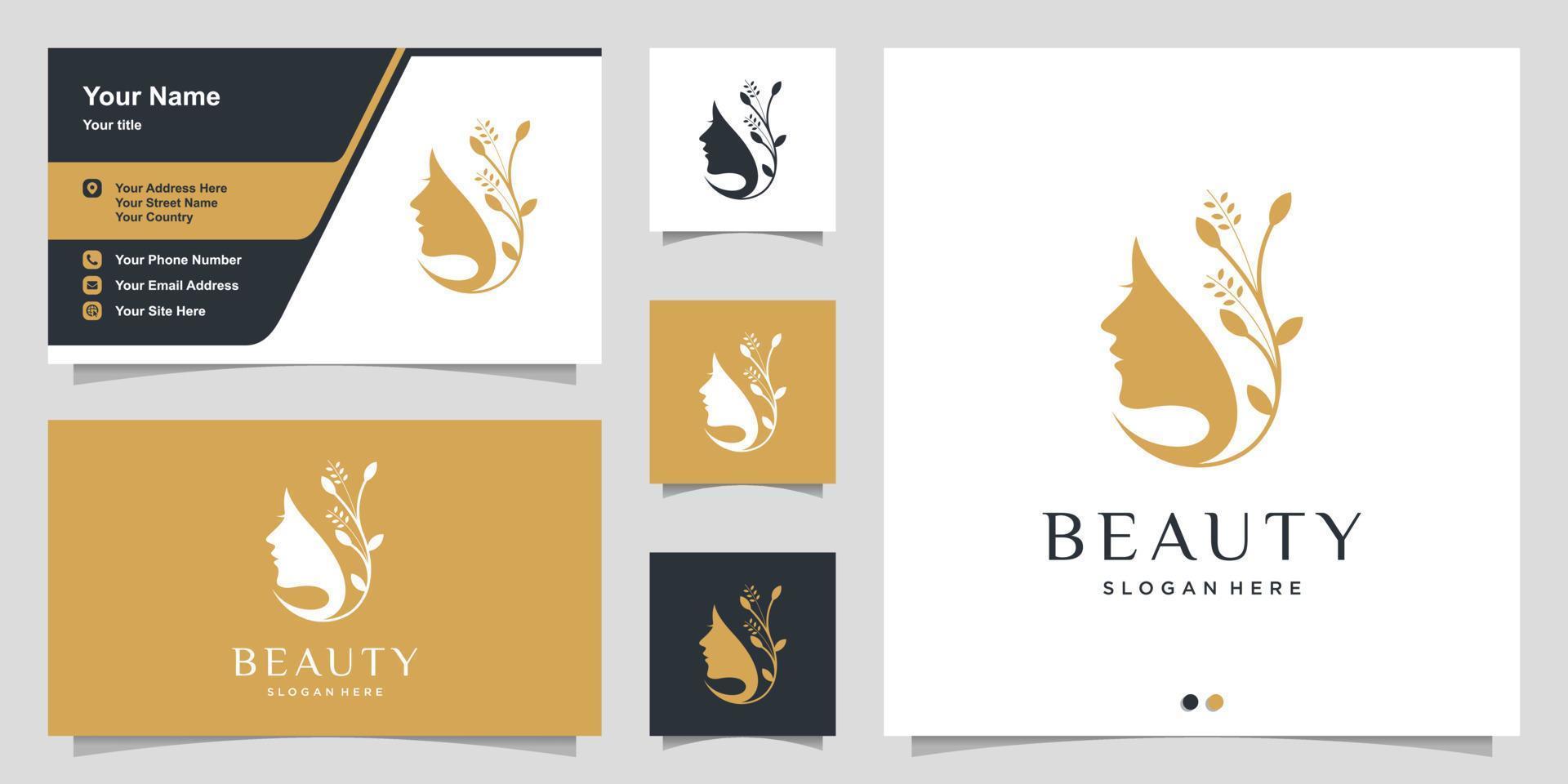 Woman logo with modern beauty style and business card design template, natural beauty, woman, Premium Vector