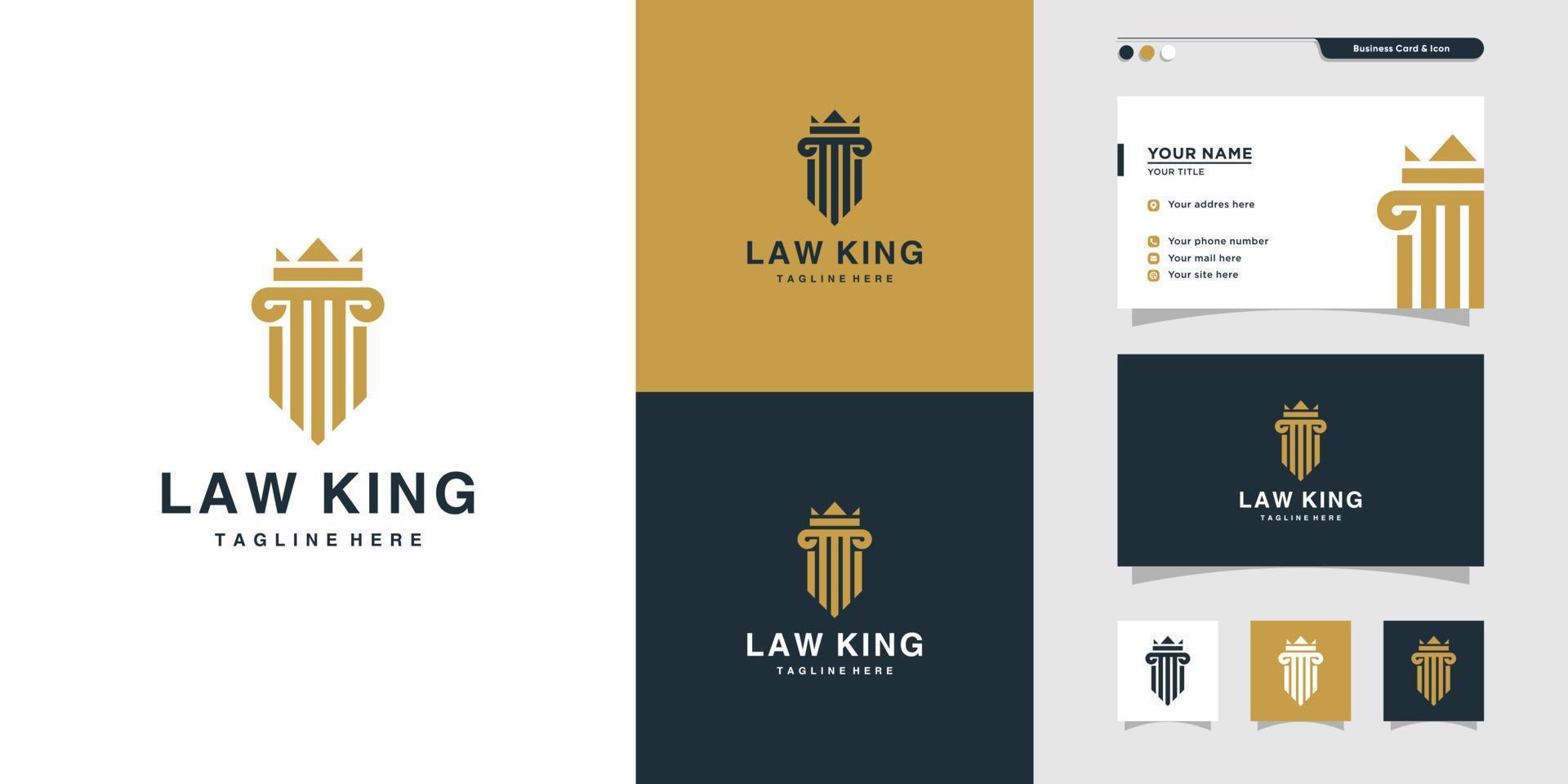 Justice law king logo and business card design. gold, firm, icon Premium Vector