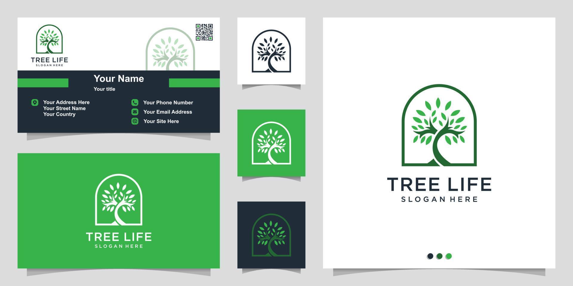 Tree logo with modern unique concept and business card design Premium Vector