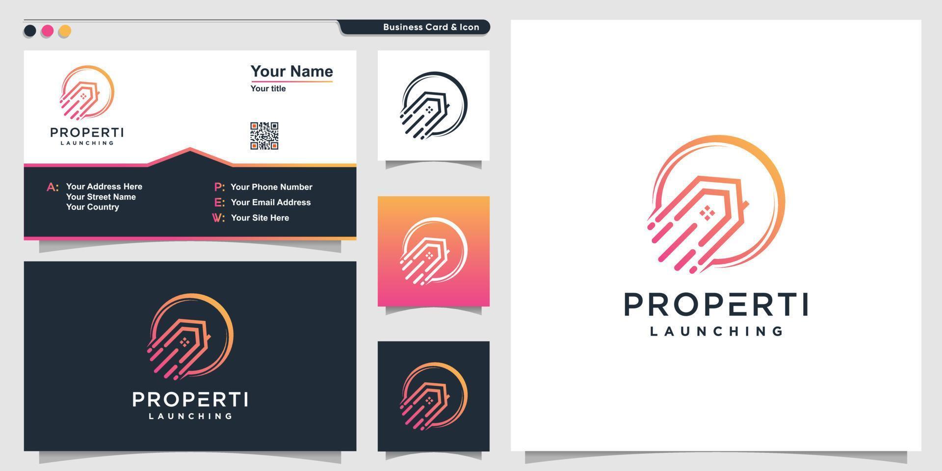 Property logo with rocket element line art style and business card design, modern, gradient, launching, Premium Vector