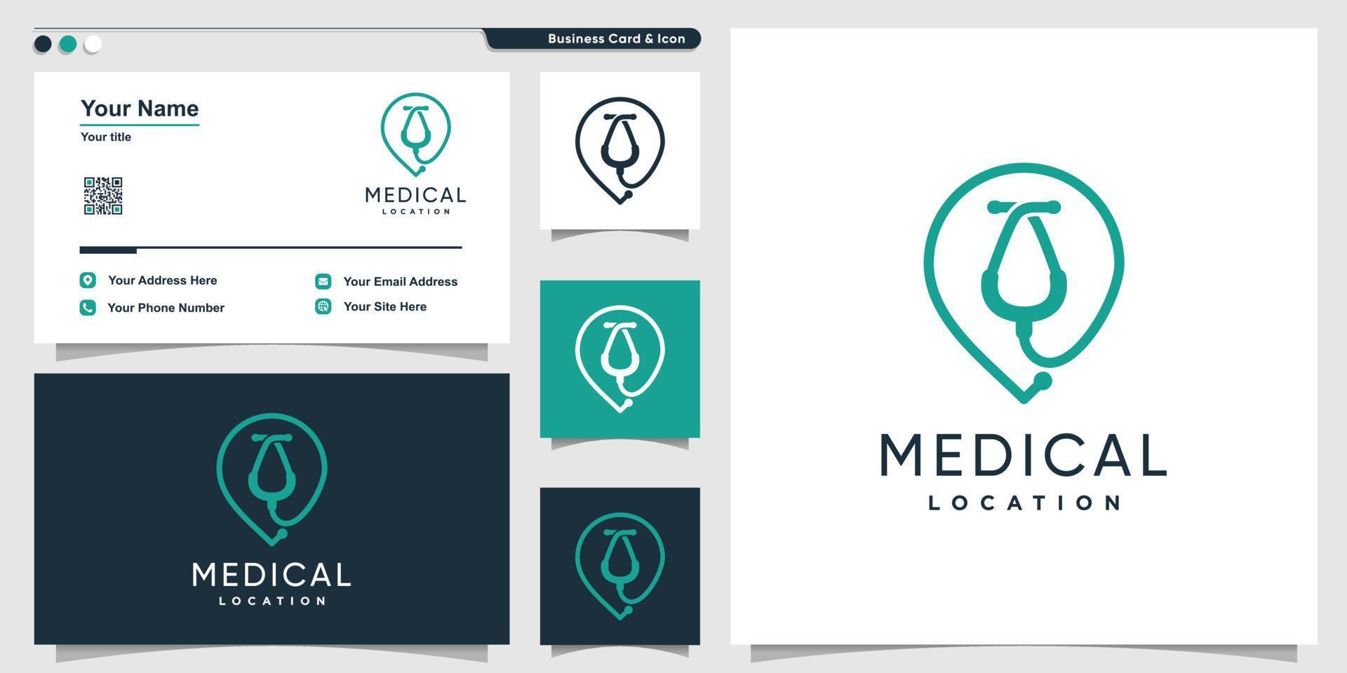 logotipo médico con estilo de arte de línea de ubicación y plantilla de diseño de tarjeta de visita, salud, médico, plantilla, vector premium