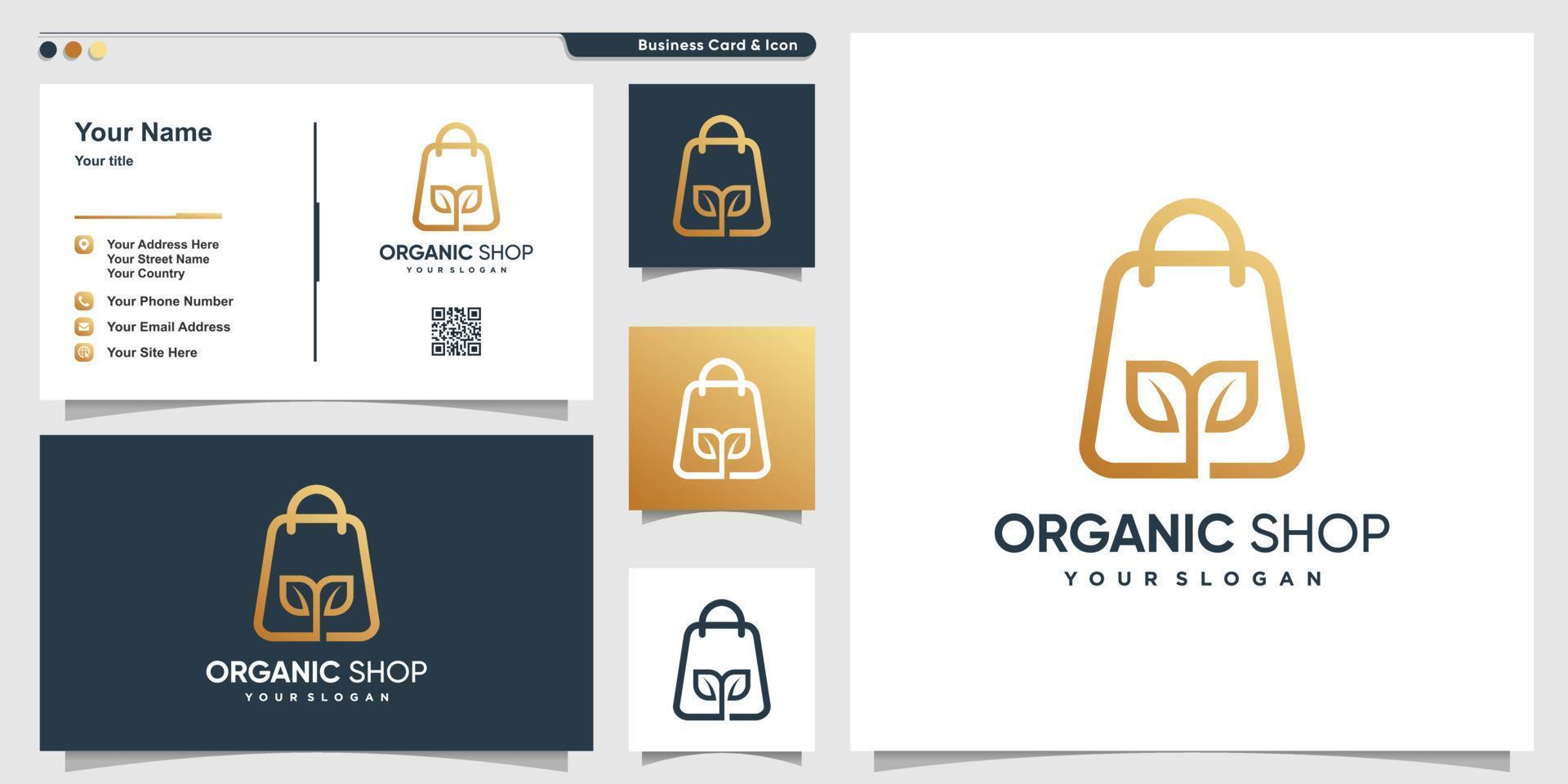 Shop logo with organic theme line art style and business card design template Premium Vector