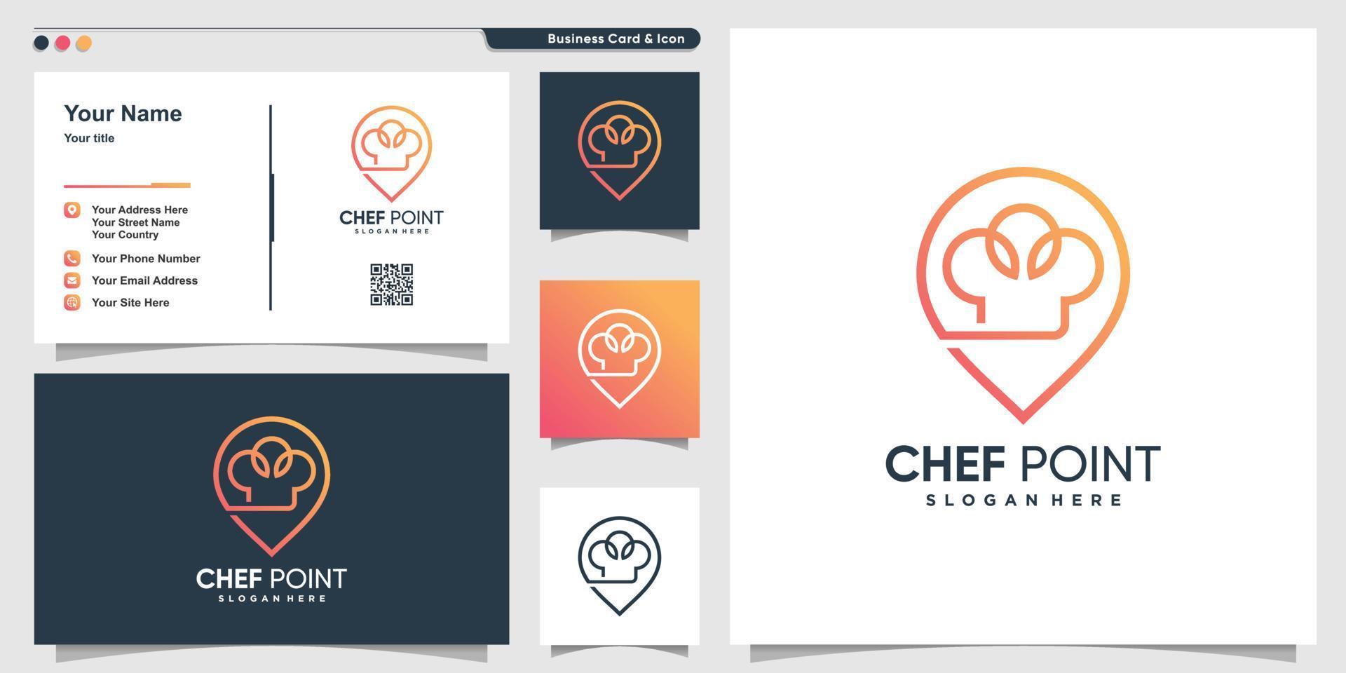 logotipo de chef con estilo de arte de línea de ubicación de punto y plantilla de diseño de tarjeta de visita vector premium