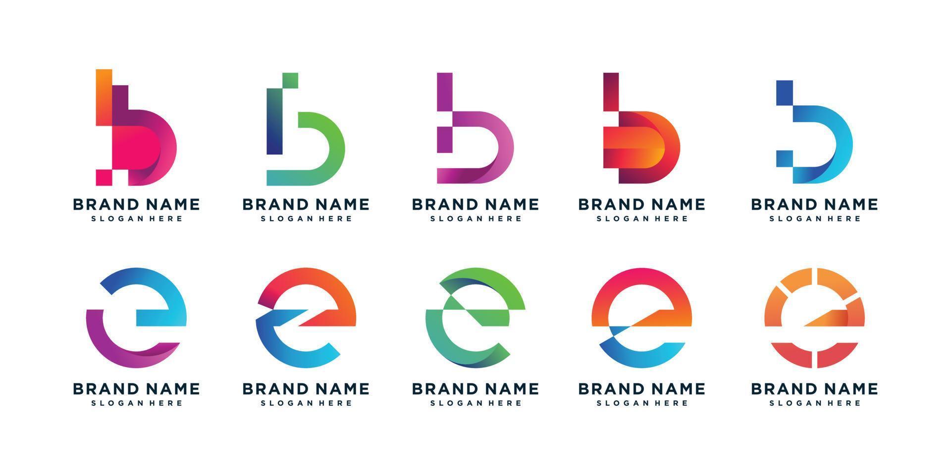 conjunto de colección de logotipos de letras con b y e iniciales, moderno, degradado, empresa, color, tecnología, consultoría, negocios, vector premium