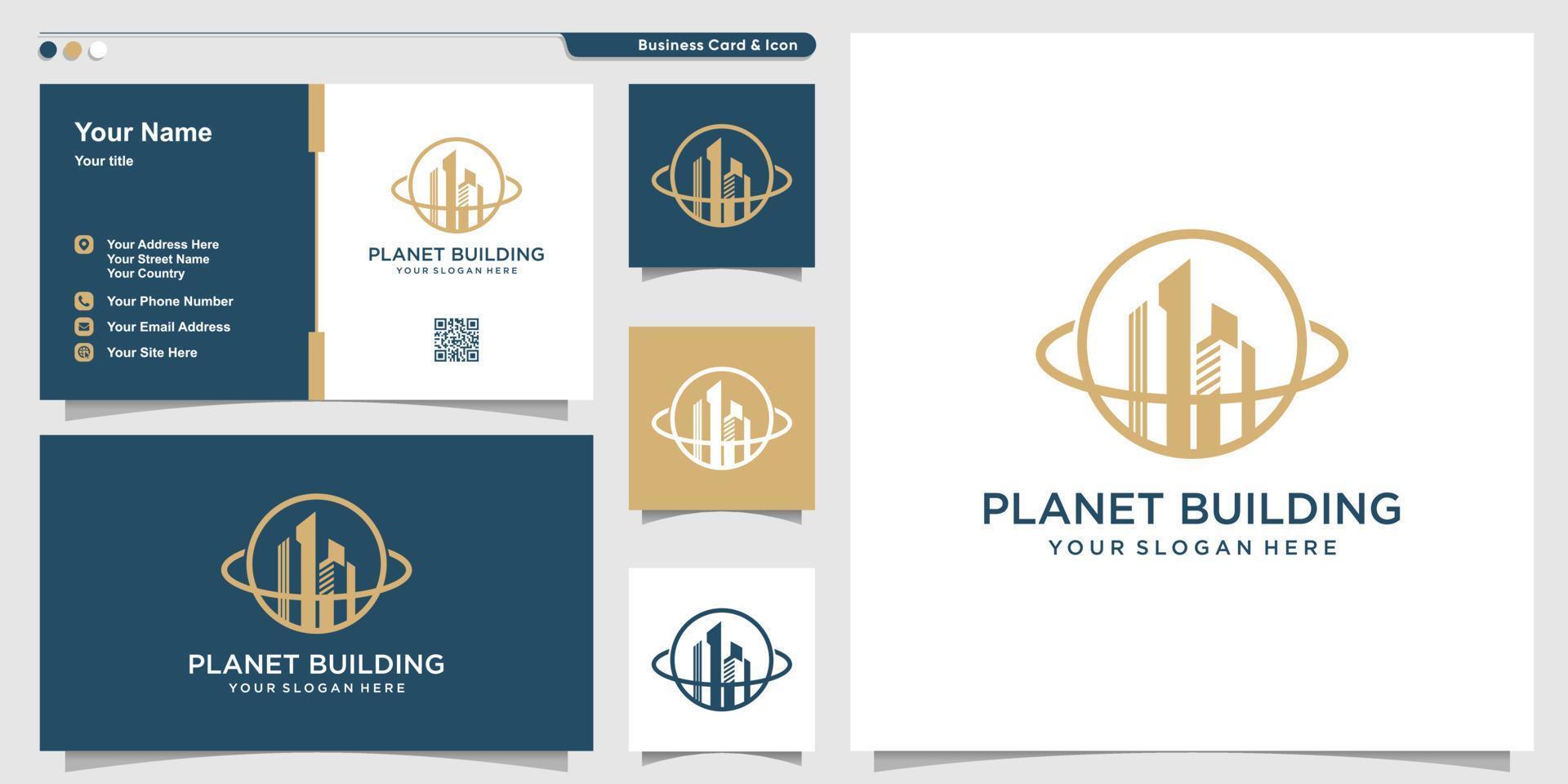 Planet logo with building line art style and business card design template Premium Vector