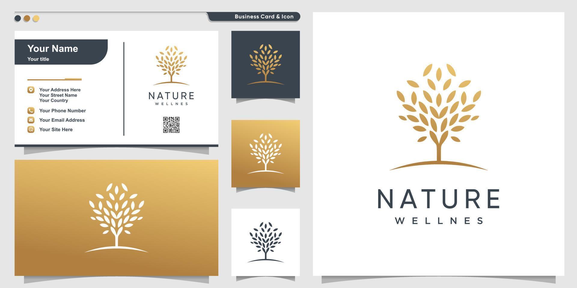 Tree logo with golden natural concept and business card design template Premium Vector
