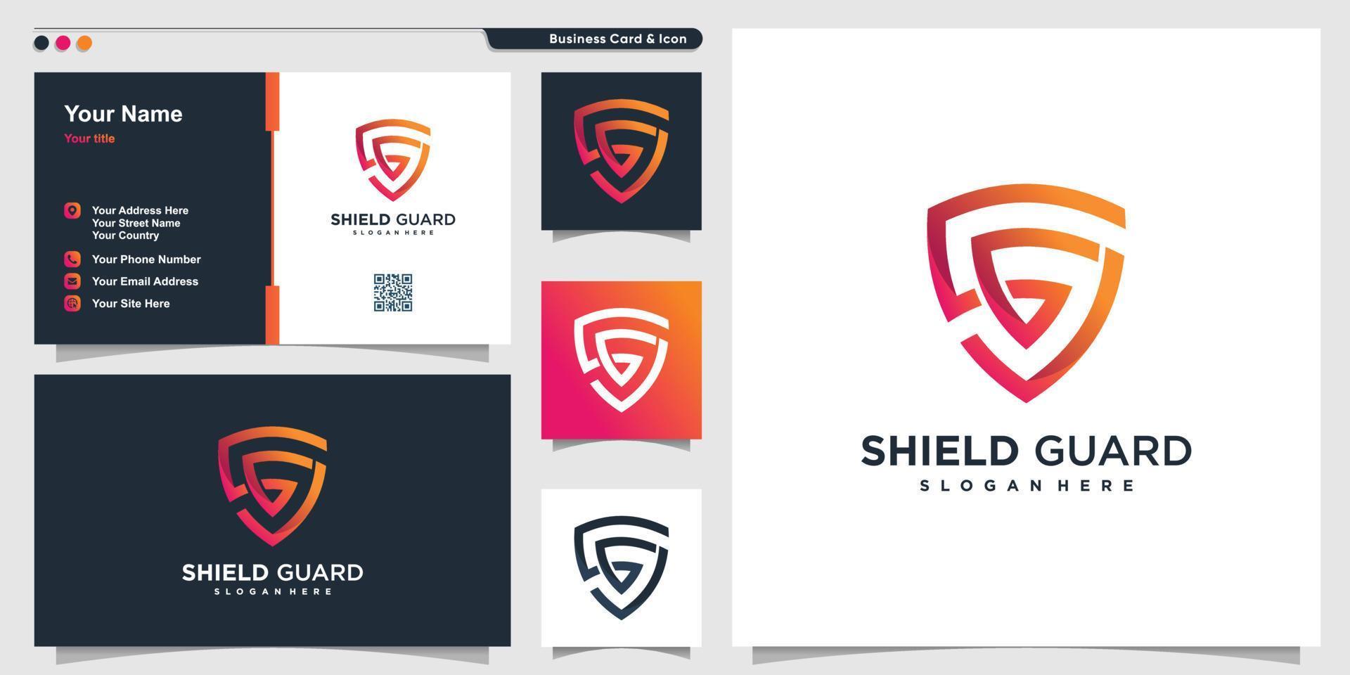 Shield logo with modern line art concept and business card design Premium Vector
