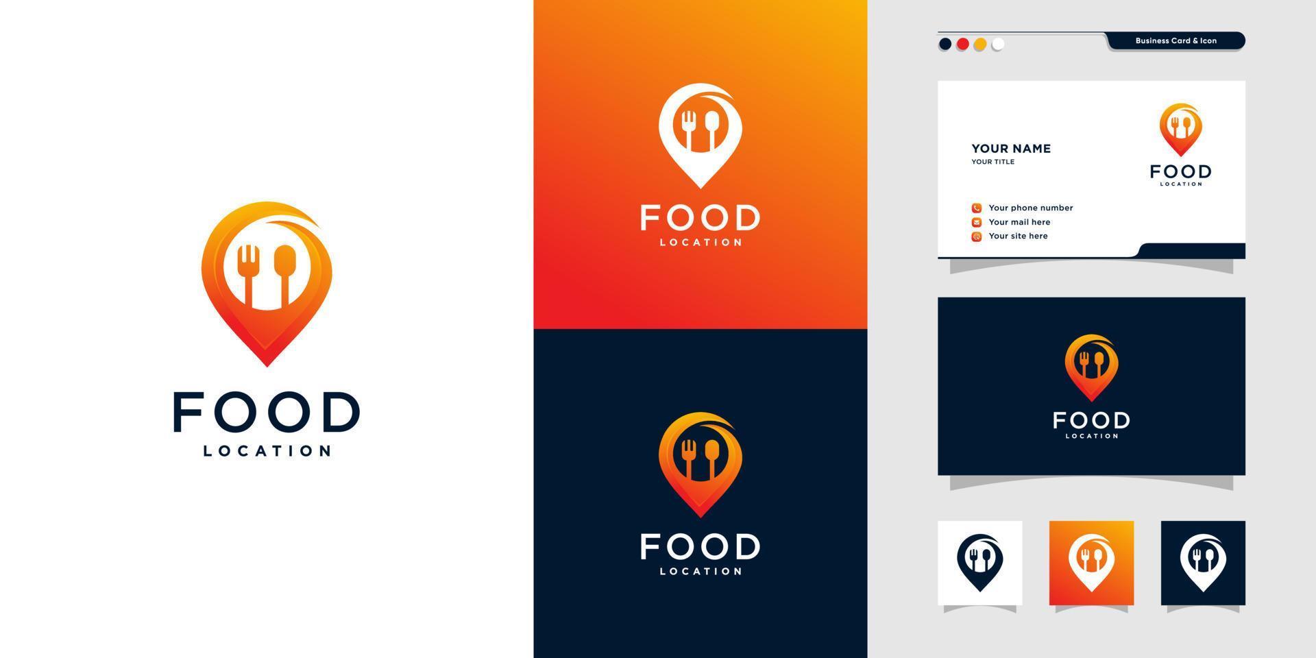 logotipo de ubicación de comida moderna y una tarjeta de visita, cena, almuerzo, lugar, mapa, pin vector premium