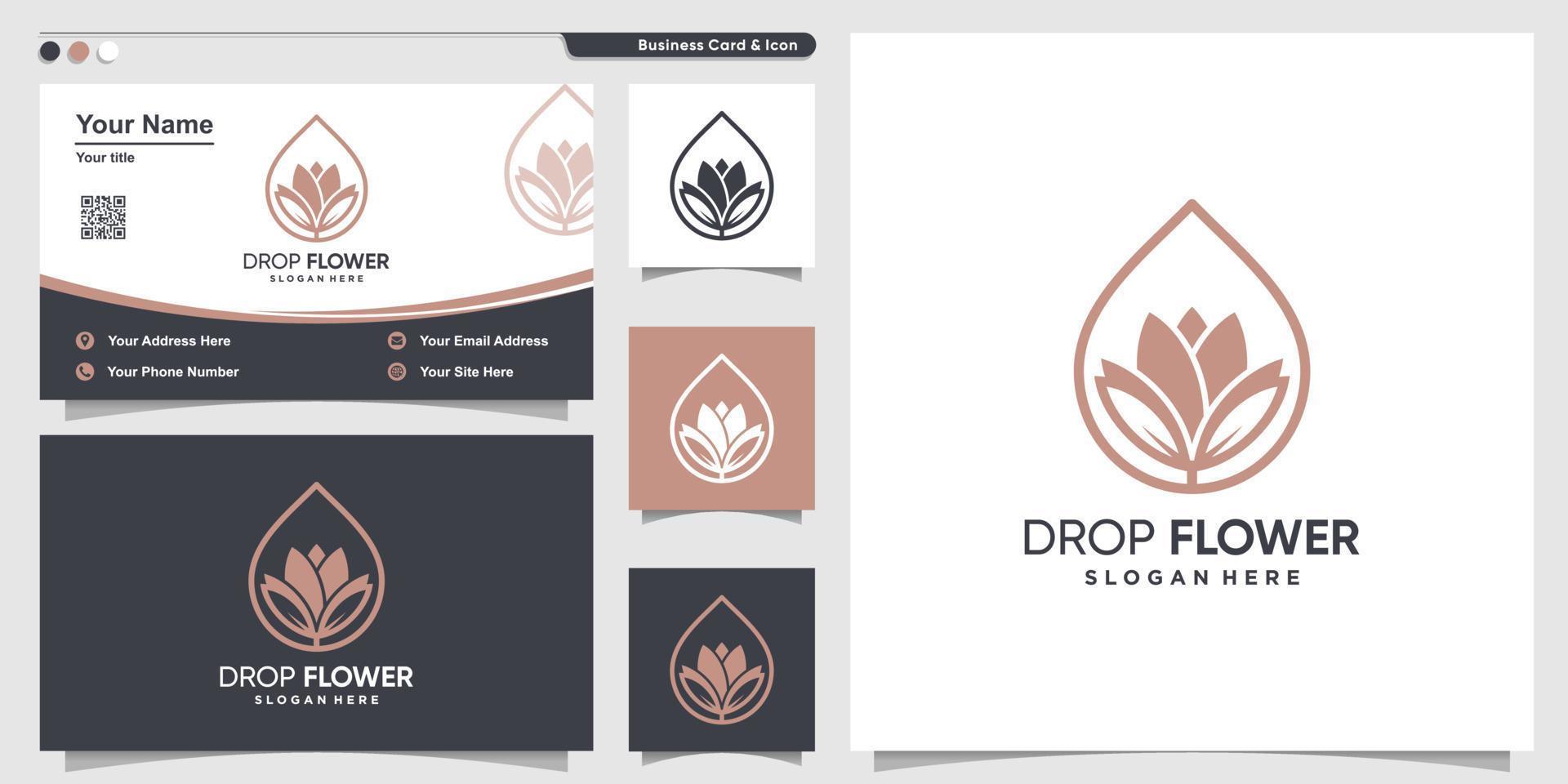 Flower logo with drop line art style and business card design template Premium Vector